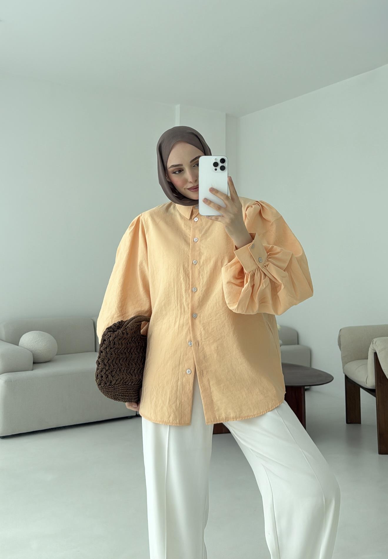 Cotton Balon Kol Gömlek Somon