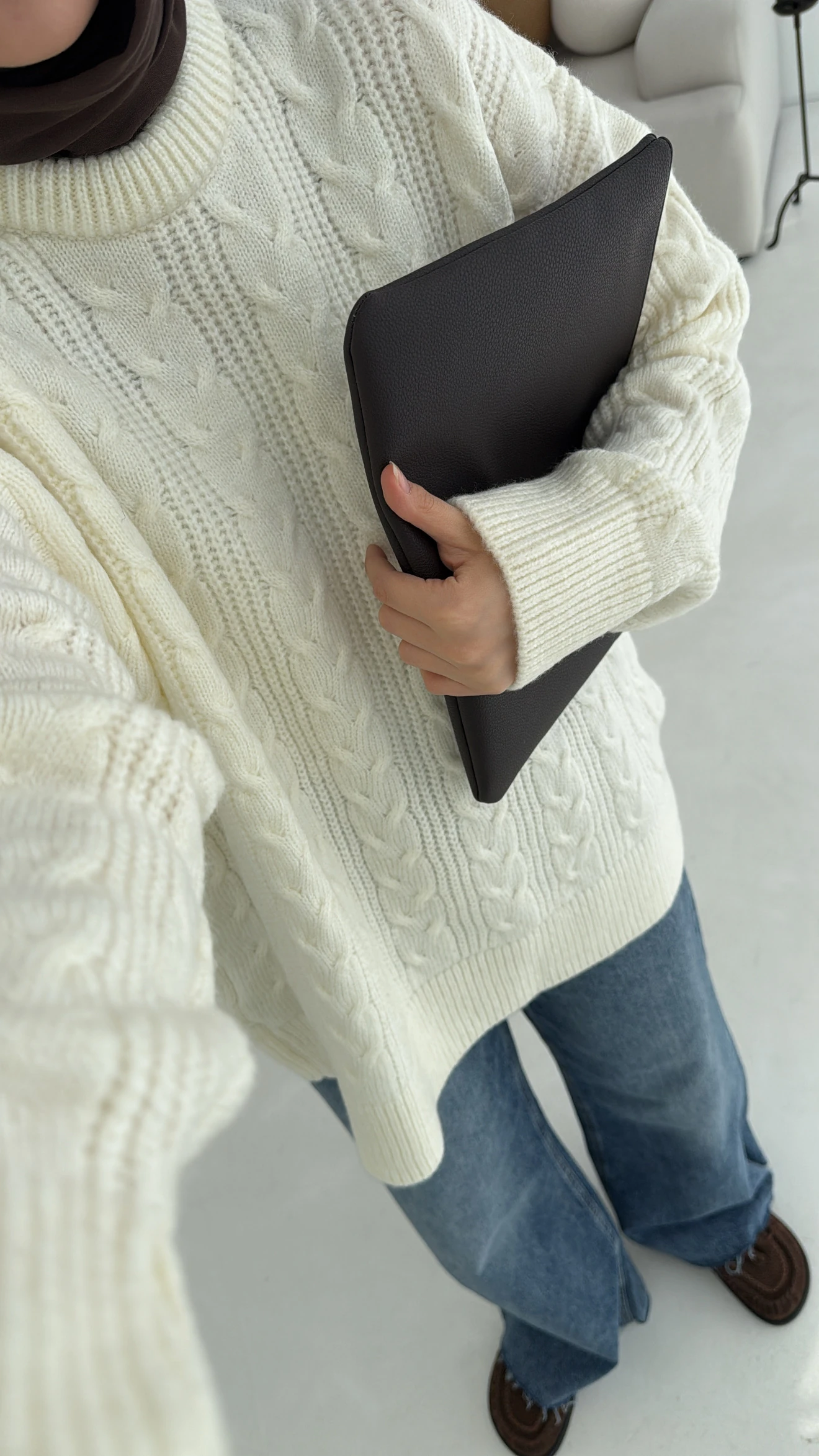 Kalın Saç Örgü Kazak Ekru