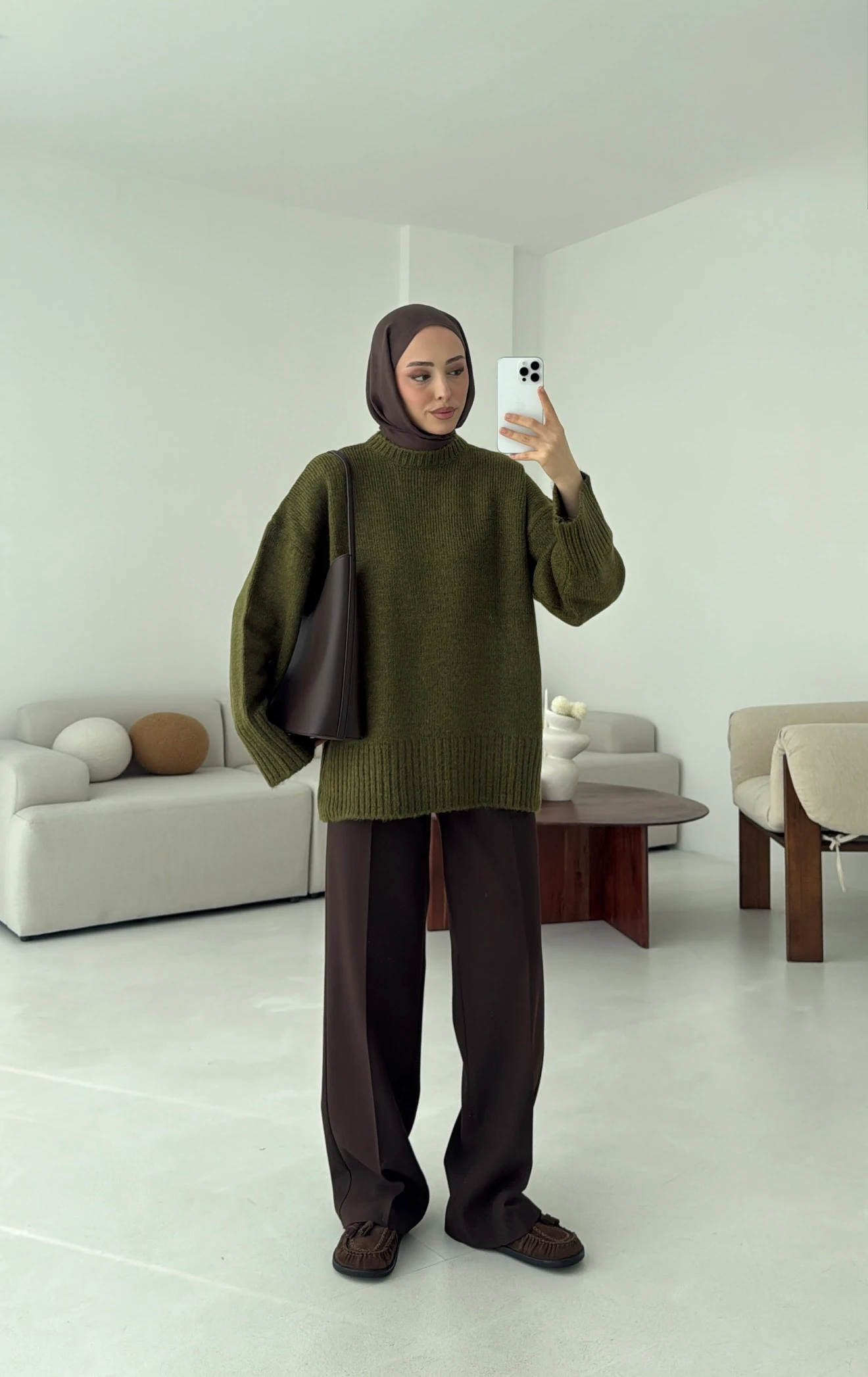 Çift Kat Triko Kazak Zeytin Yeşili