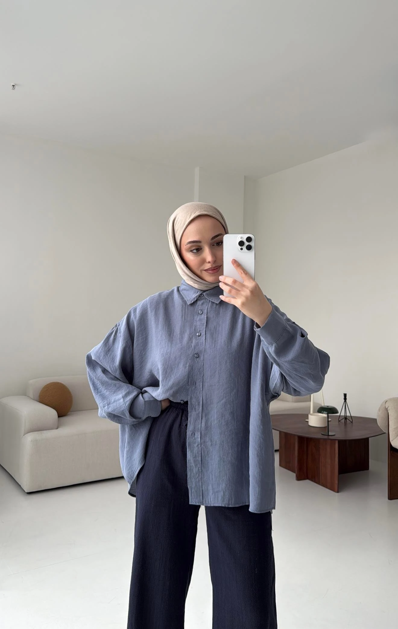 Tencel Pis Dikiş Oversize Mavi Gömlek