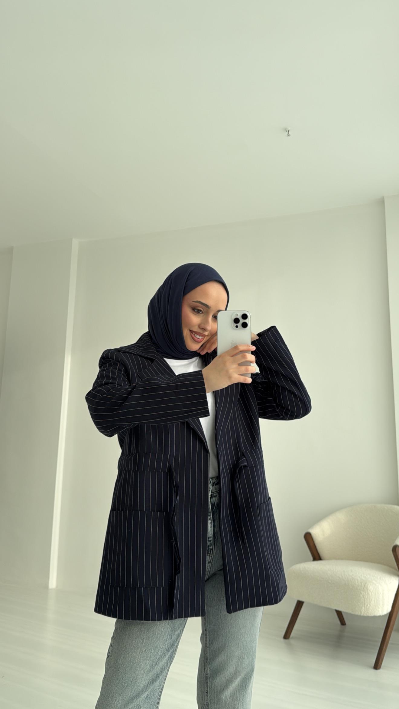 Bağlamalı Çizgili Blazer Ceket