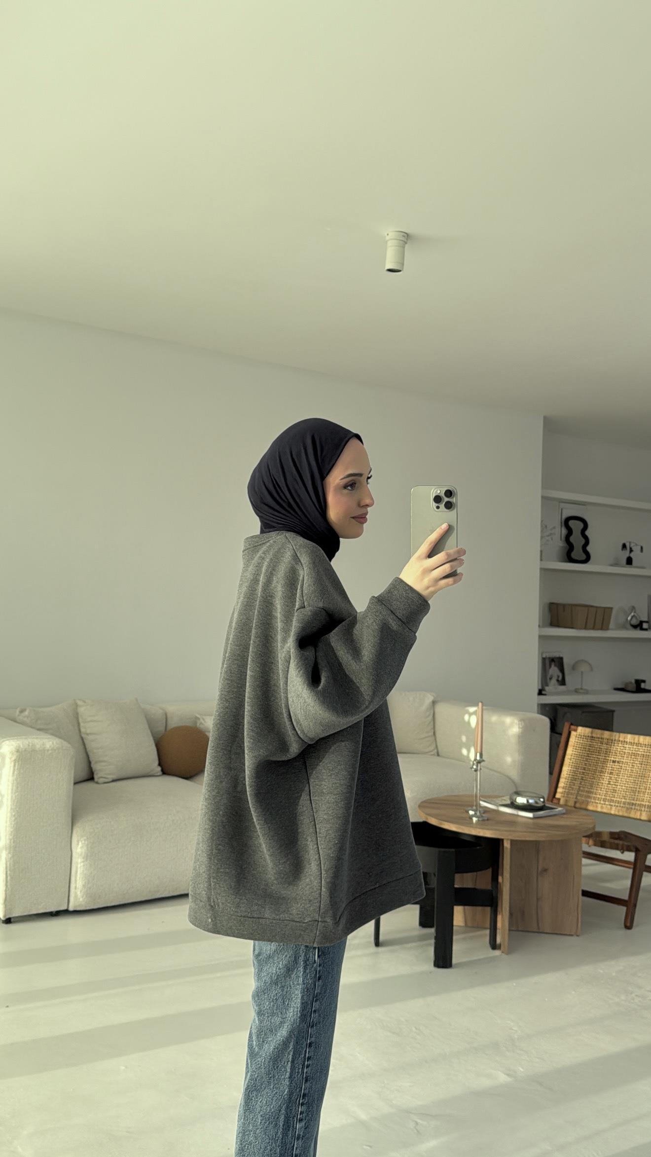 Oversize Düz Sweatshirt Koyu Gri