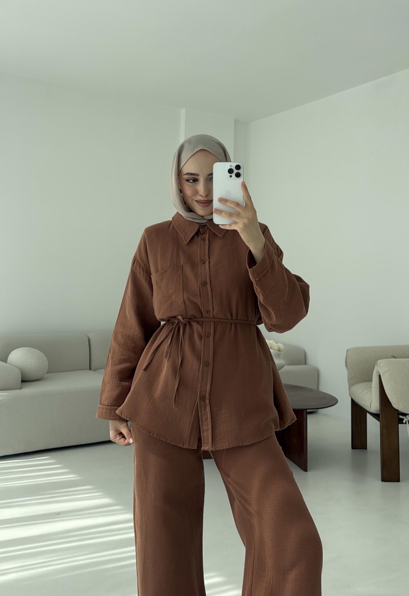 Müslin Pantolon Takım Kahverengi
