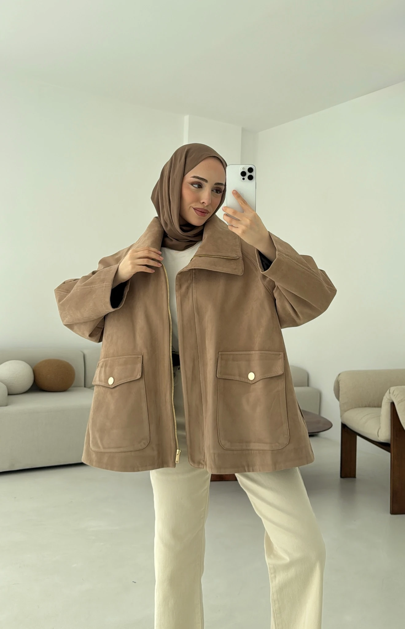 Oversize Dolgulu Süet Ceket Bej