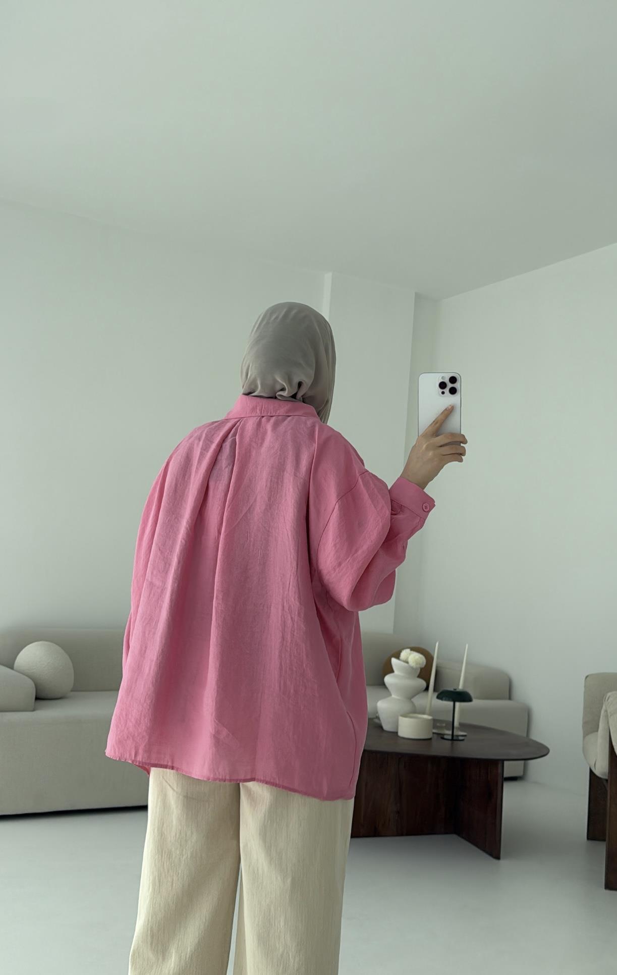 Düşük Omuz Oversize Gömlek Pembe
