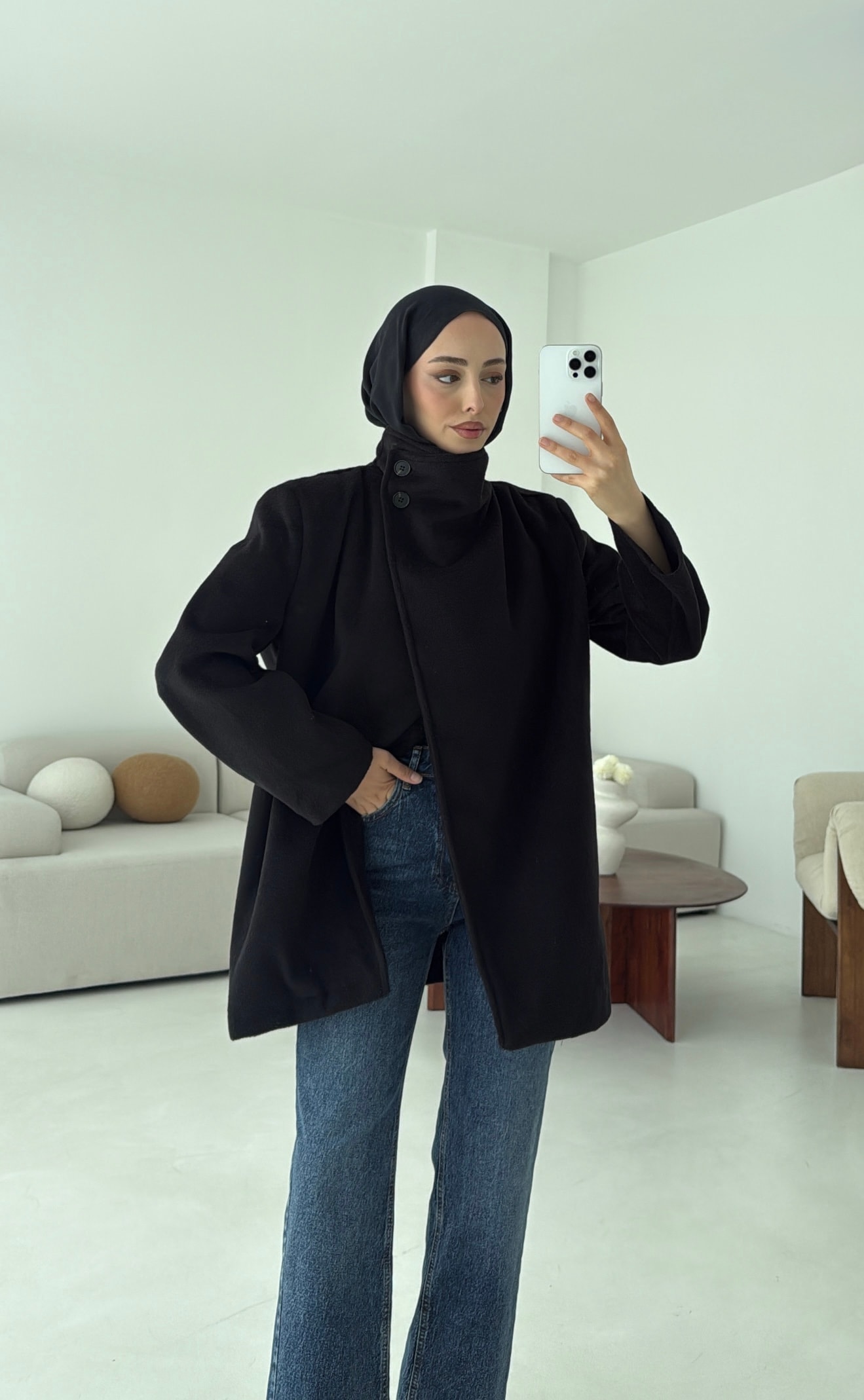 Dik Yaka Kaşe Kaban Siyah