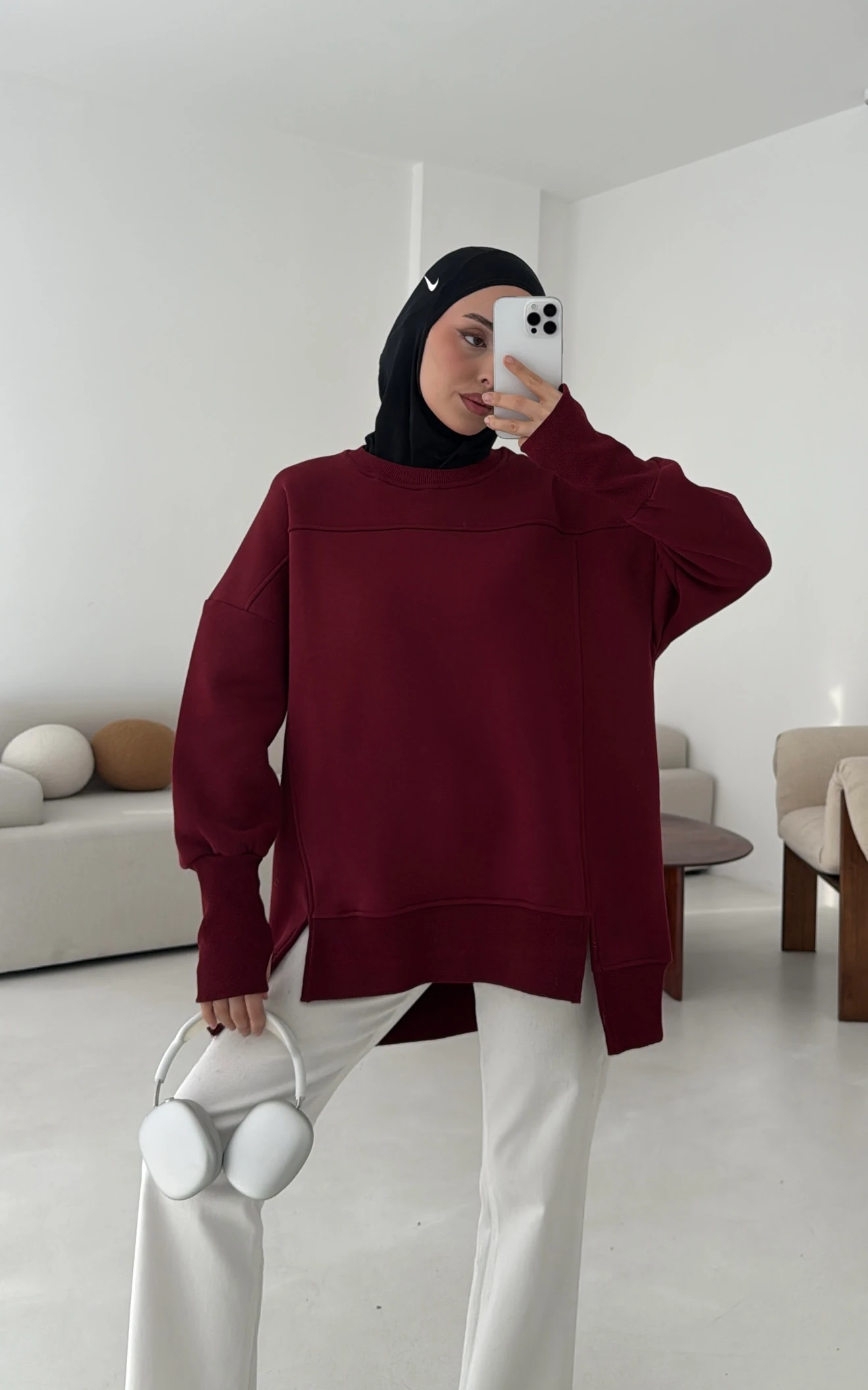 Parmak Geçmeli Asimetri Kesim Sweat Bordo