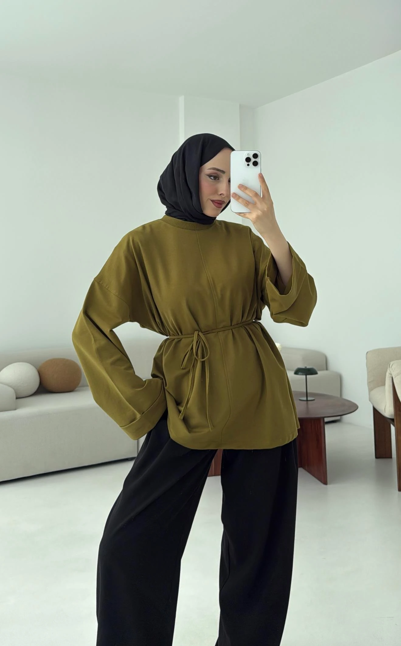 Bağlamalı Yanı Yırtmaç Detay Sweat Olive