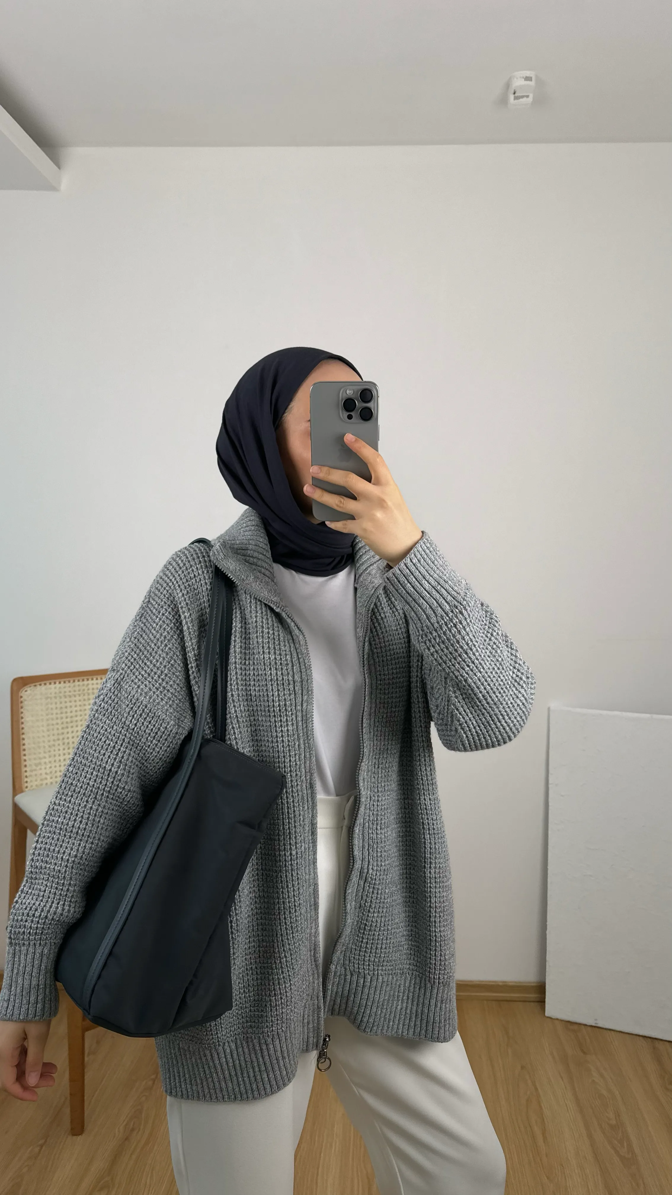 Kalın Örgü Fermuarlı Kazak Gri