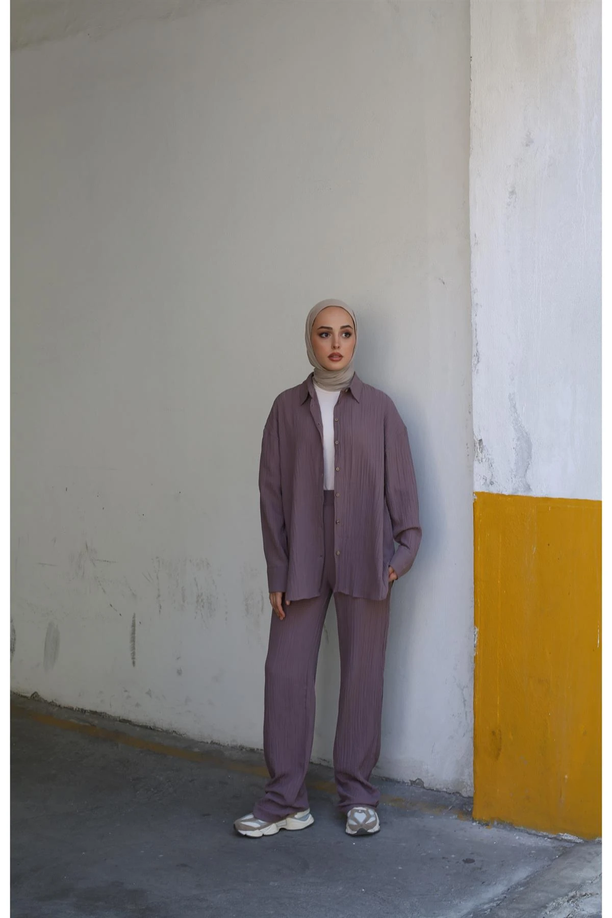 Gofre Gömlek Pantolon Takım Gül Kurusu