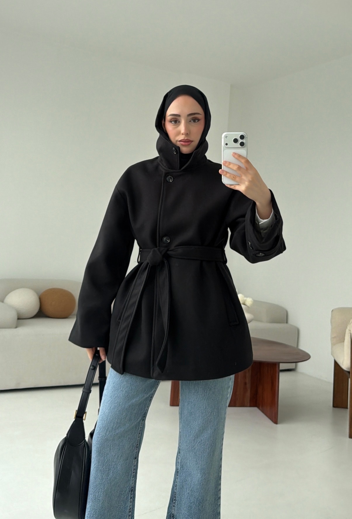 Kol Apoletli Kaşe Kaban Siyah