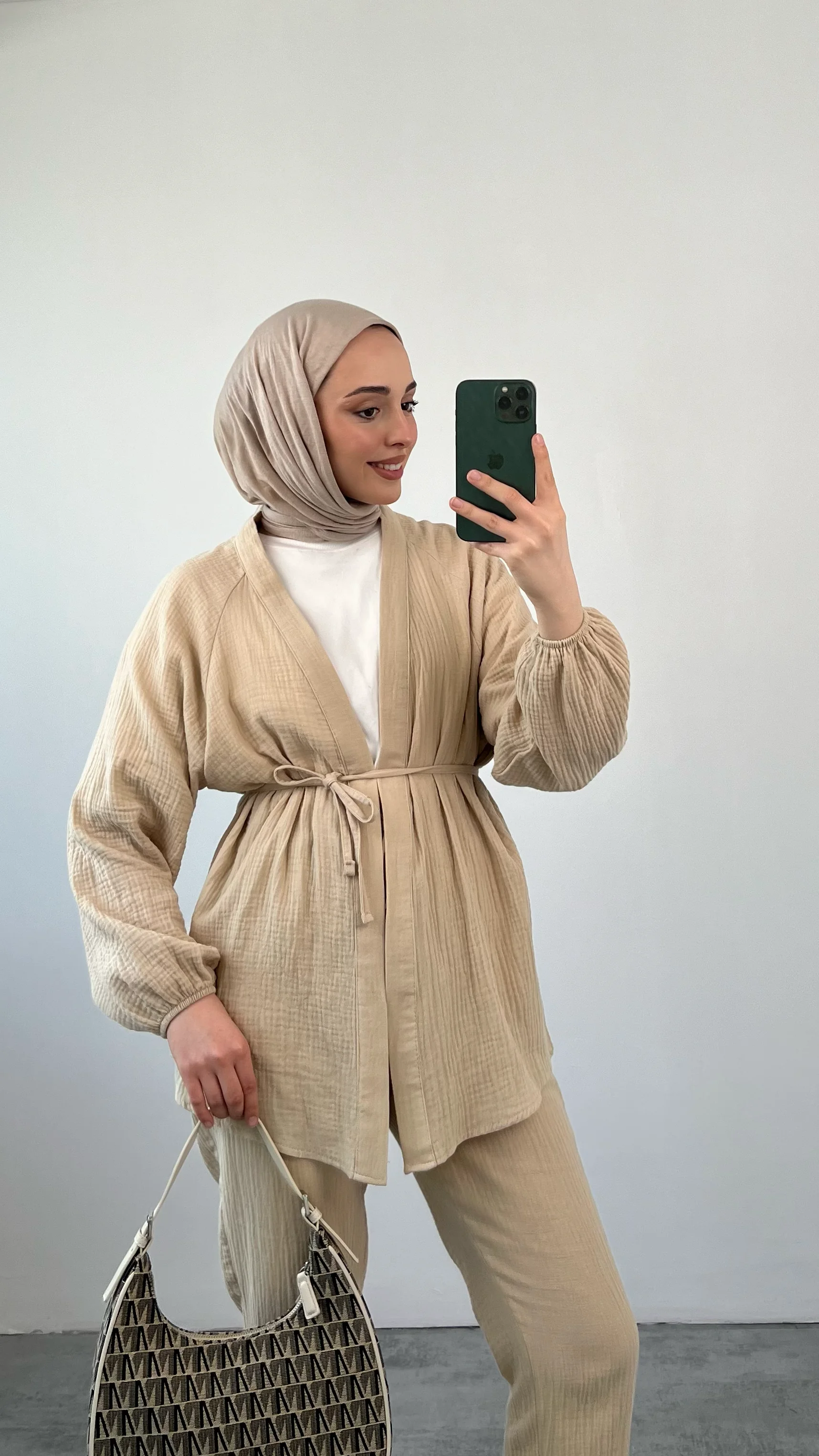 Kimonolu Bağlamalı Müslin Takım Bej