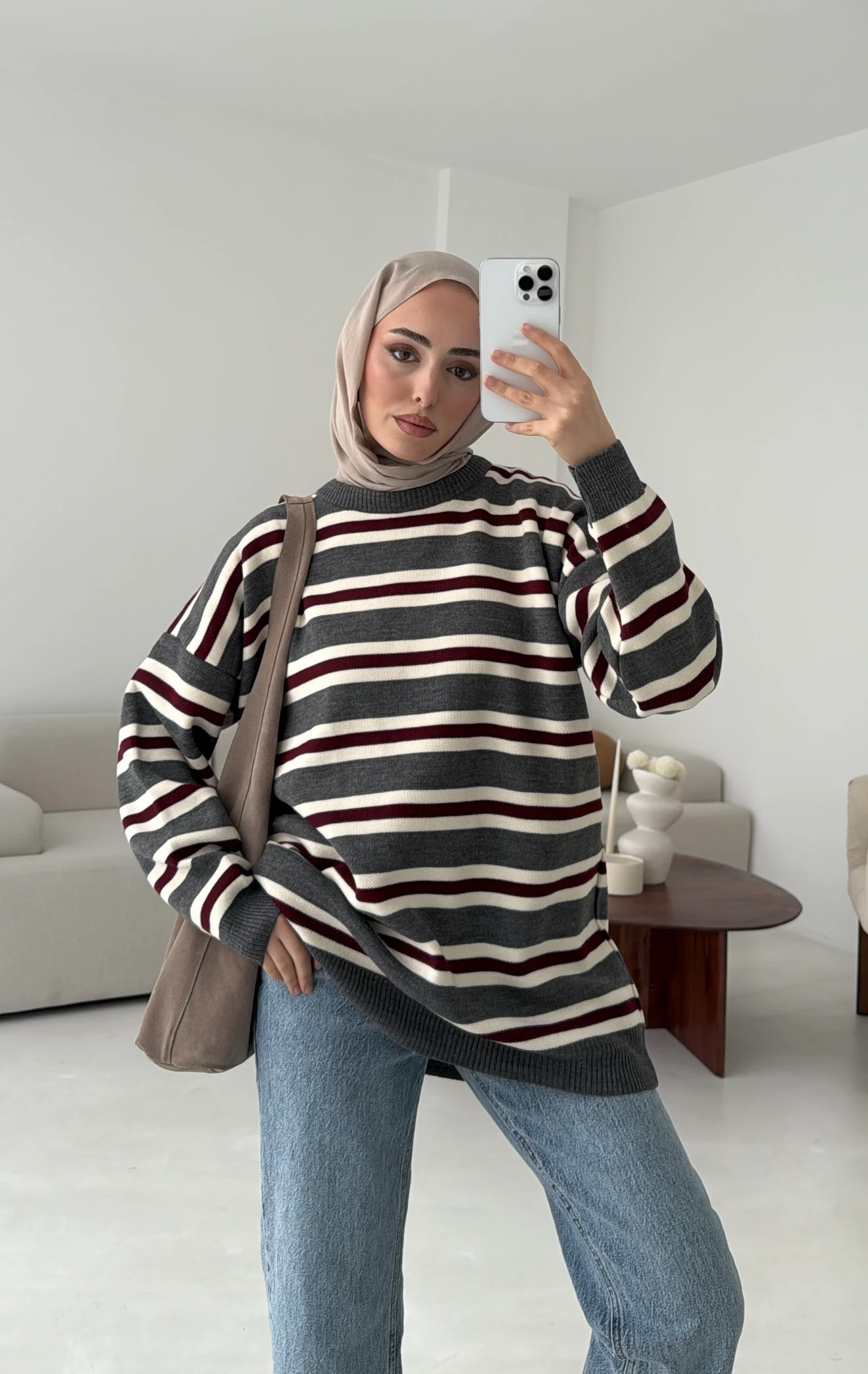 Bisiklet Yaka Çizgili Uzun Triko Kazak Siyah