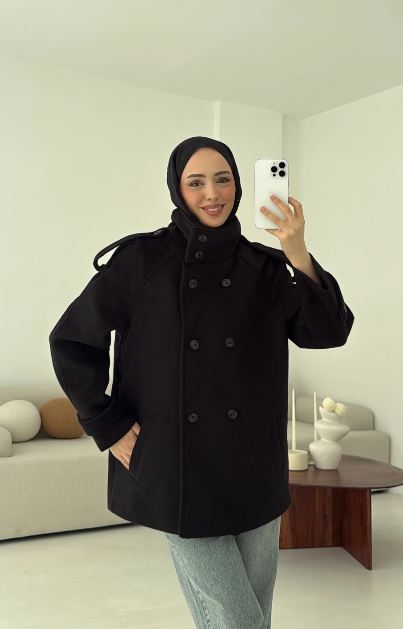 Kuşaklı Oversize Kaşe Kaban Siyah