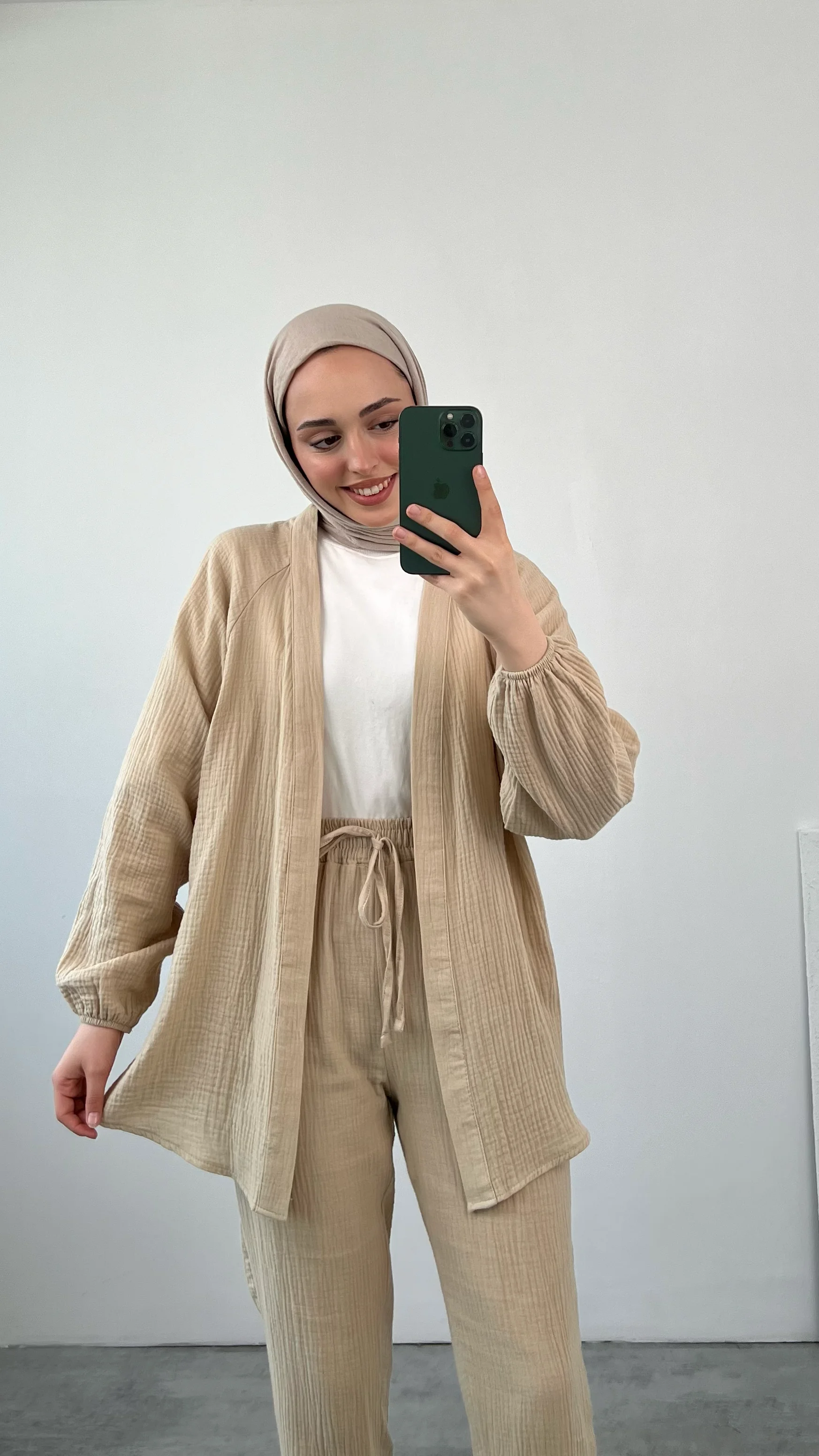 Kimonolu Bağlamalı Müslin Takım Bej