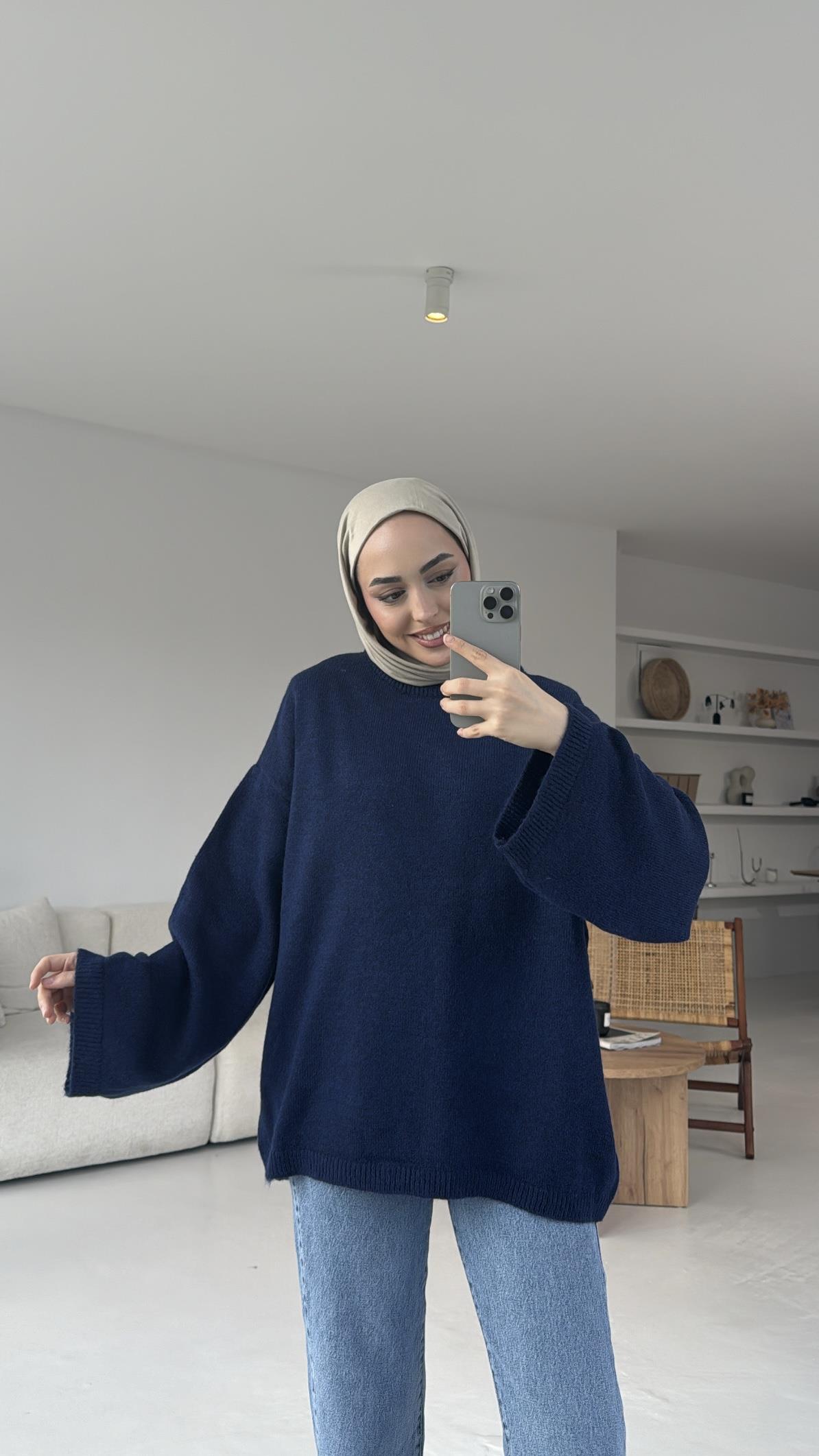 Geniş Kol Basıc Kazak Lacivert