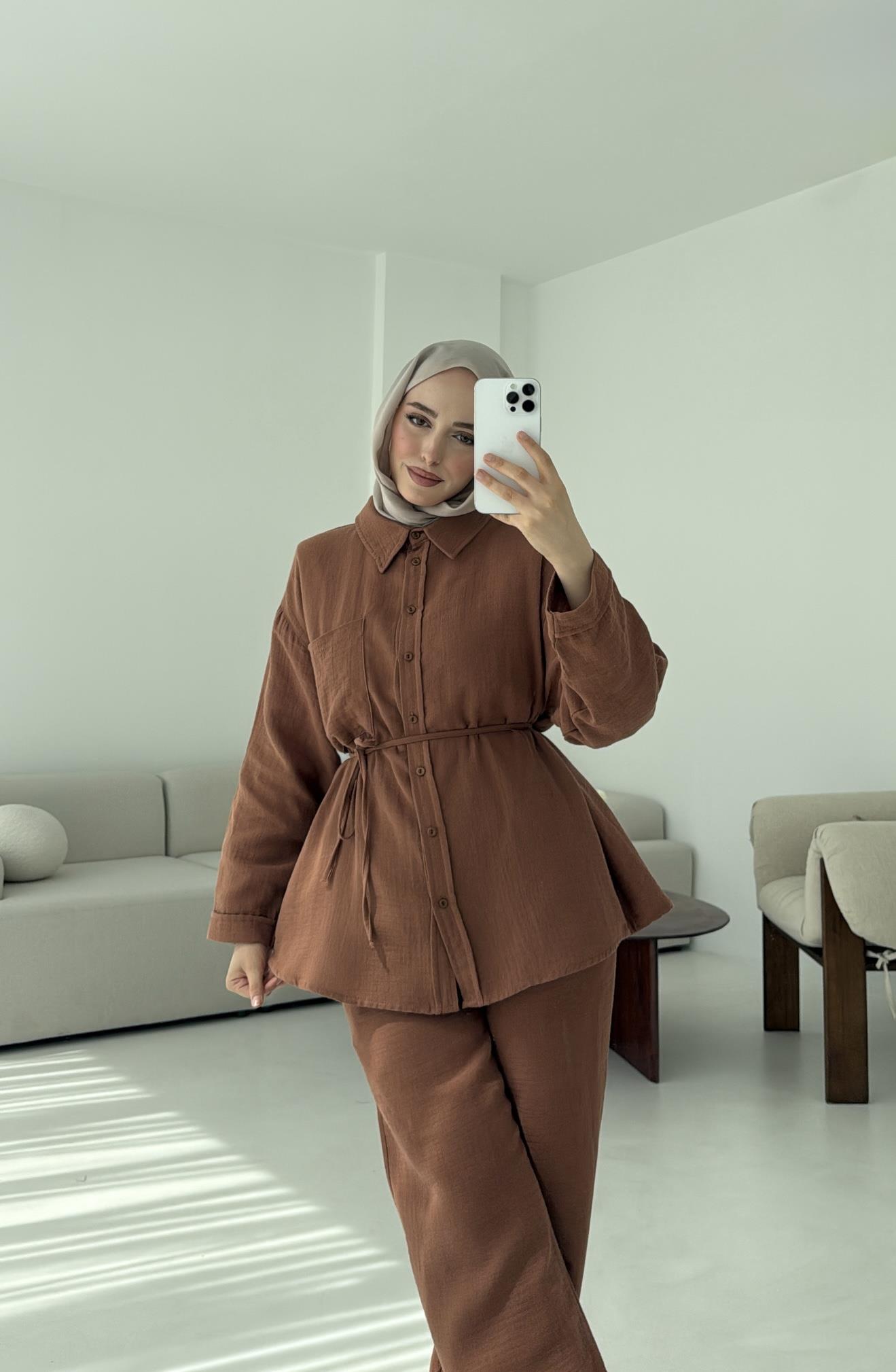 Müslin Pantolon Takım Kahverengi
