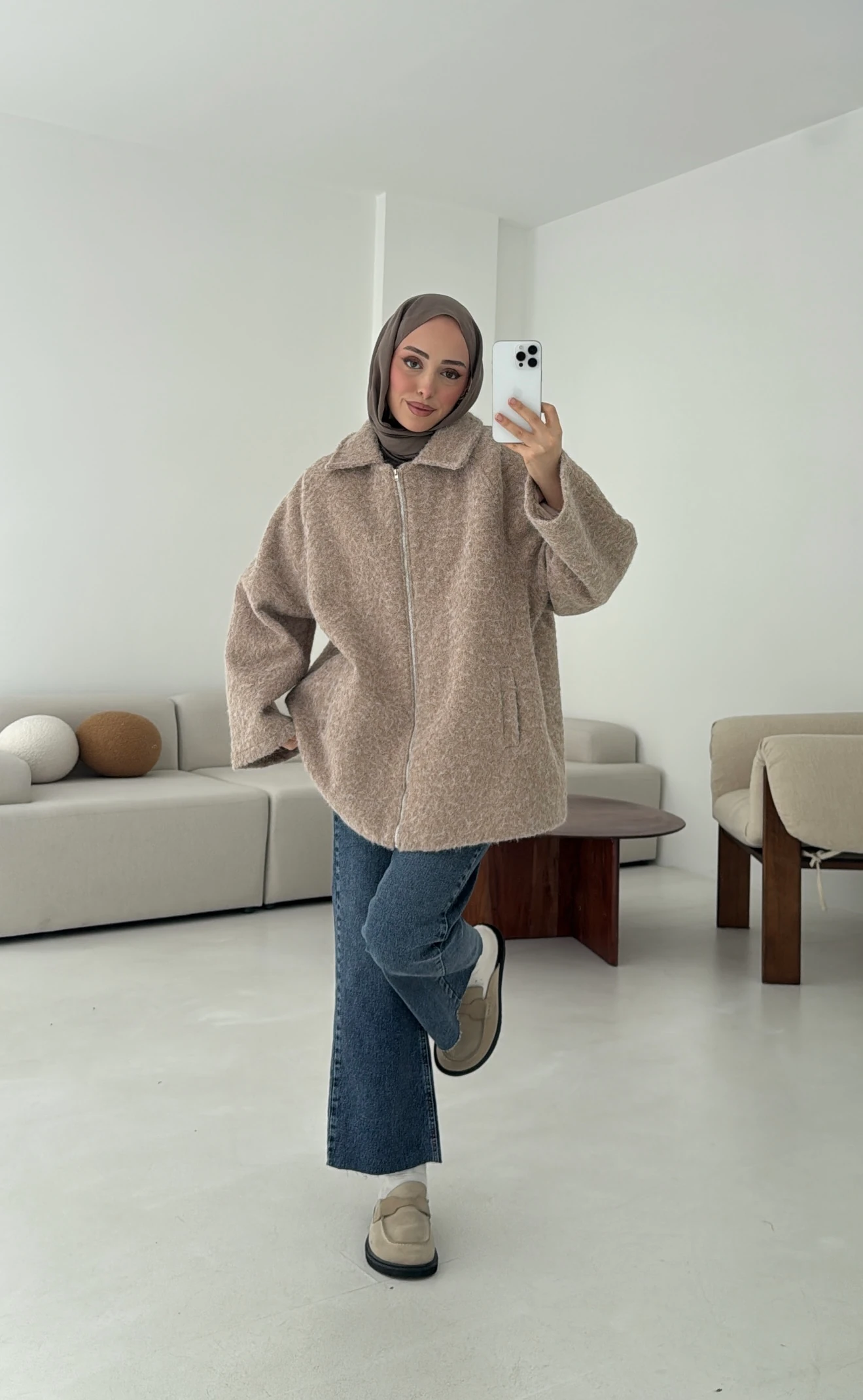 Kırçıllı Fermuarlı Kaban Bej