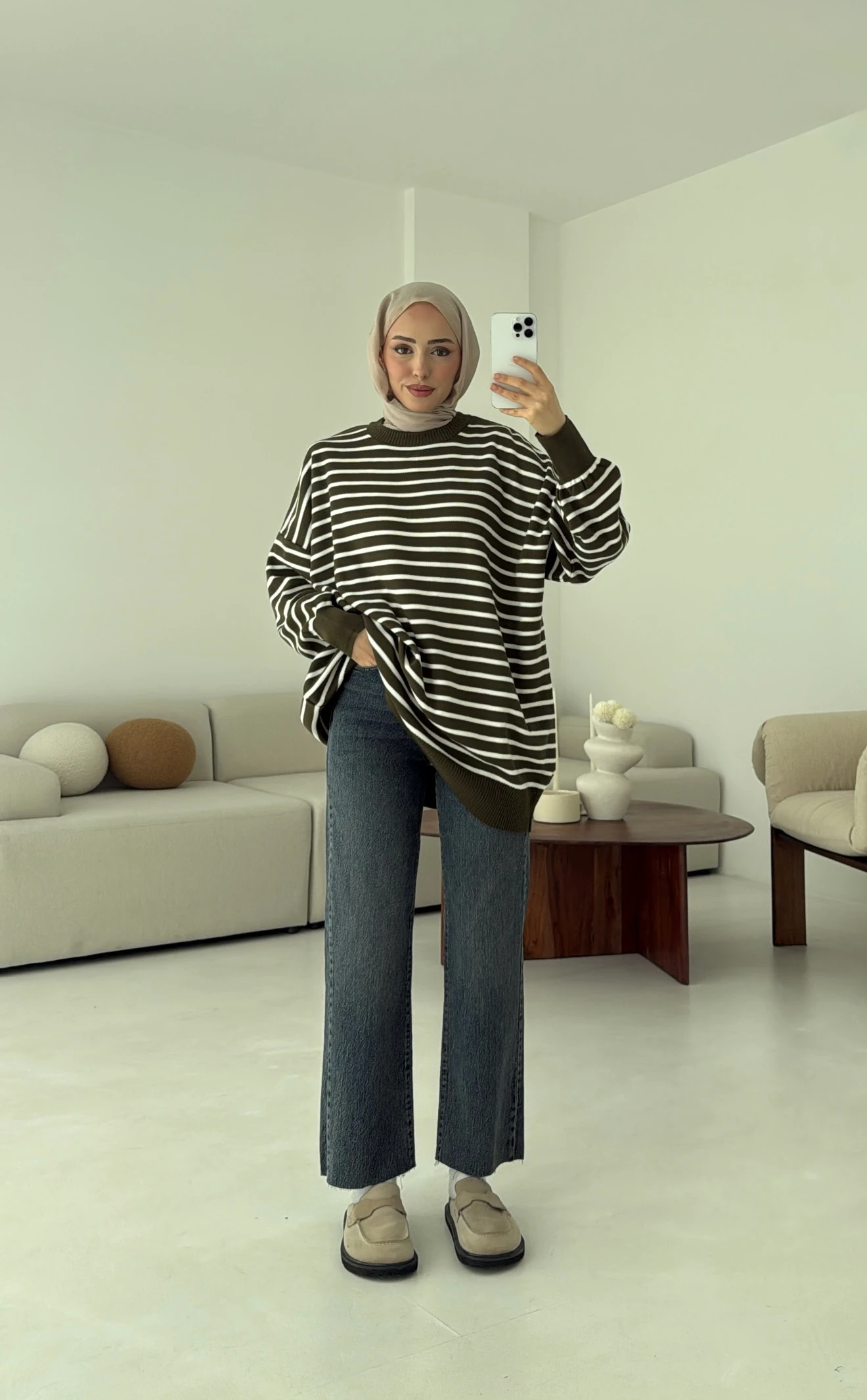 Çizgili Triko Kazak Haki