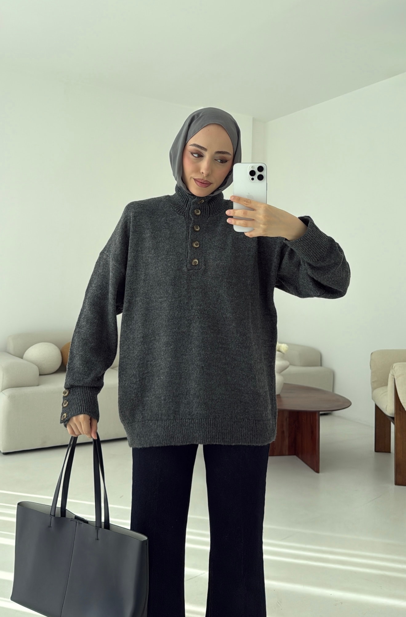 Kolları Düğme Detay Triko Kazak Antrasit