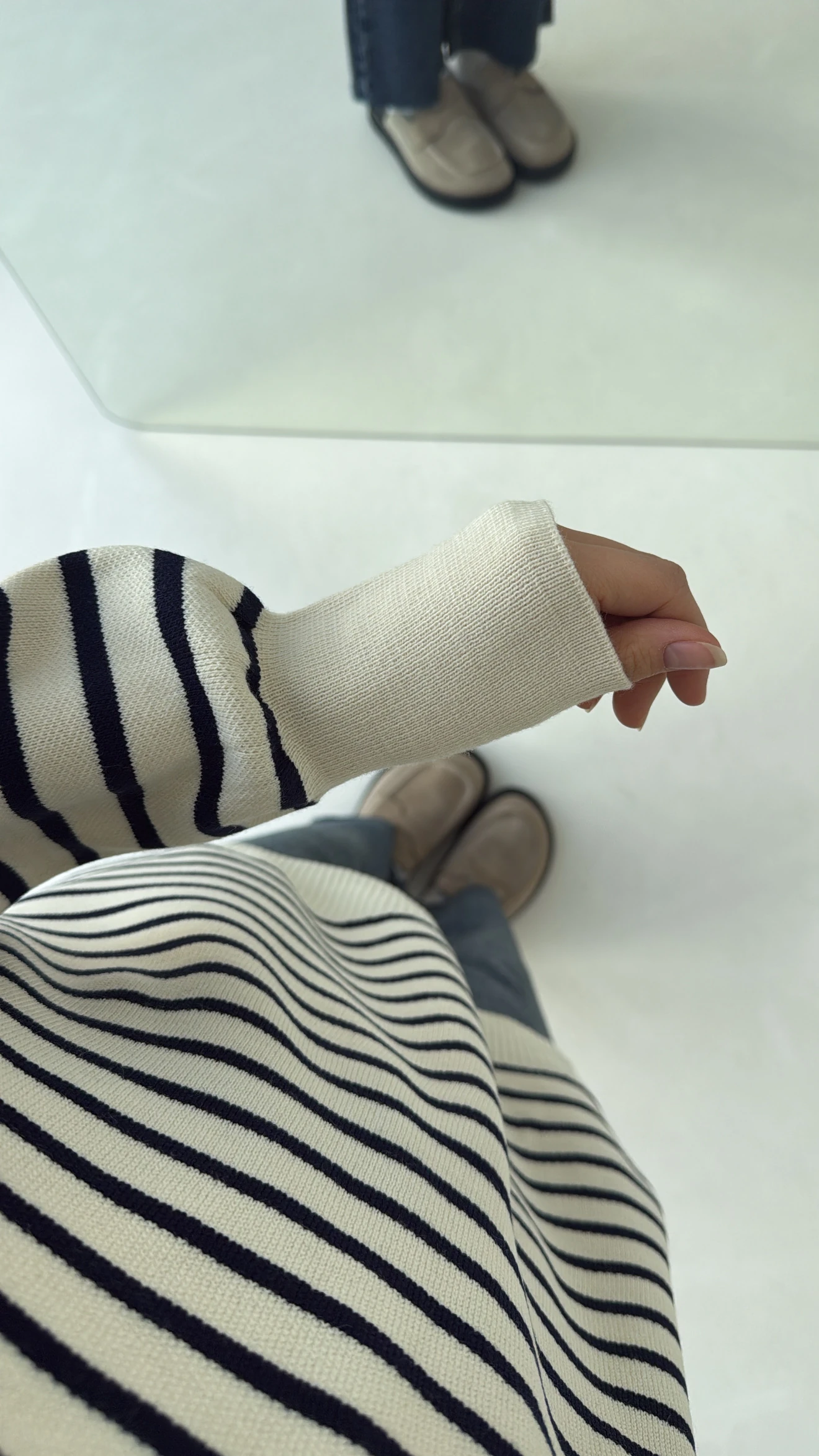 Çizgili Triko Kazak Ekru