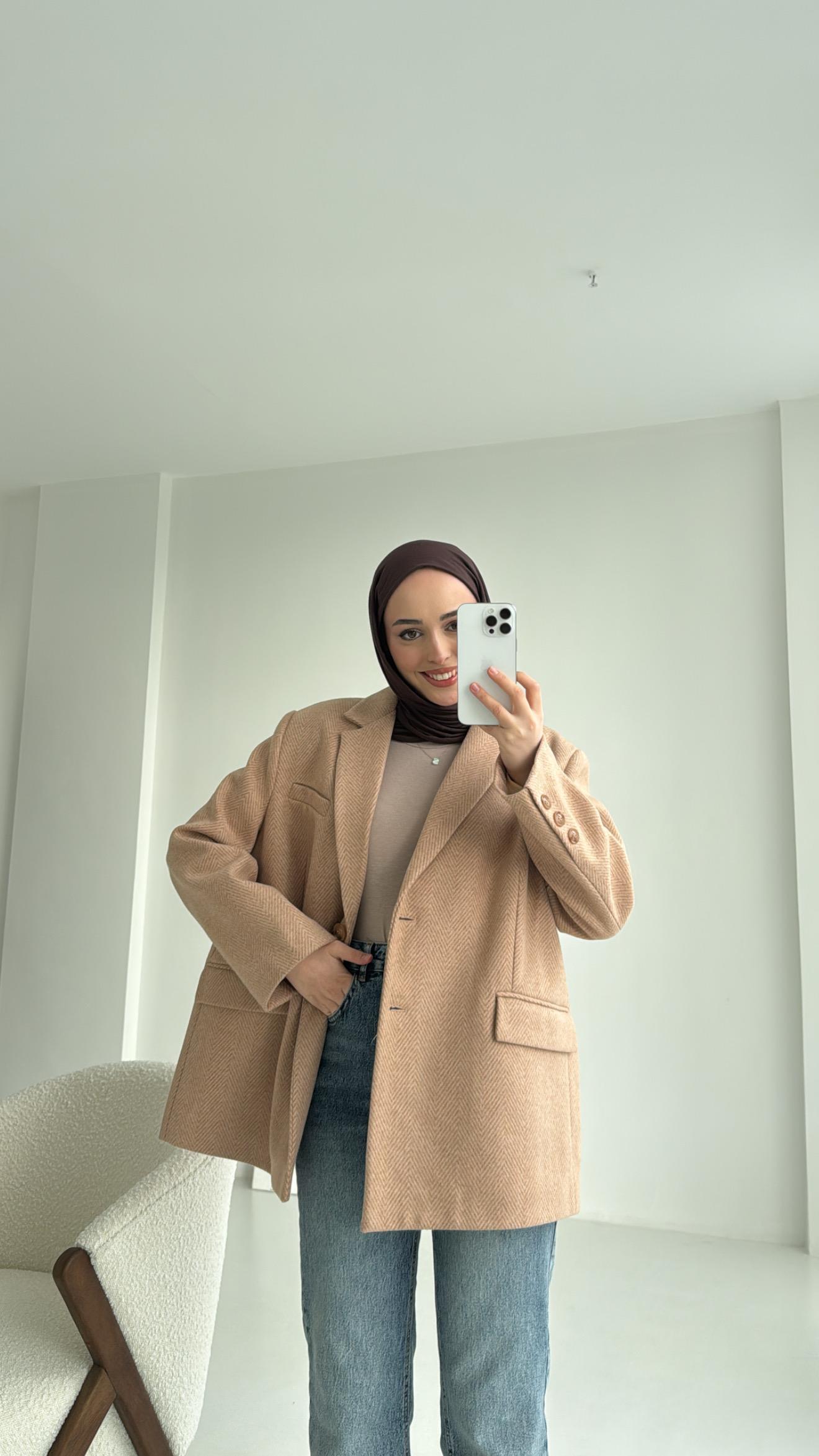 Kaşe Kruvaze Ceket Camel