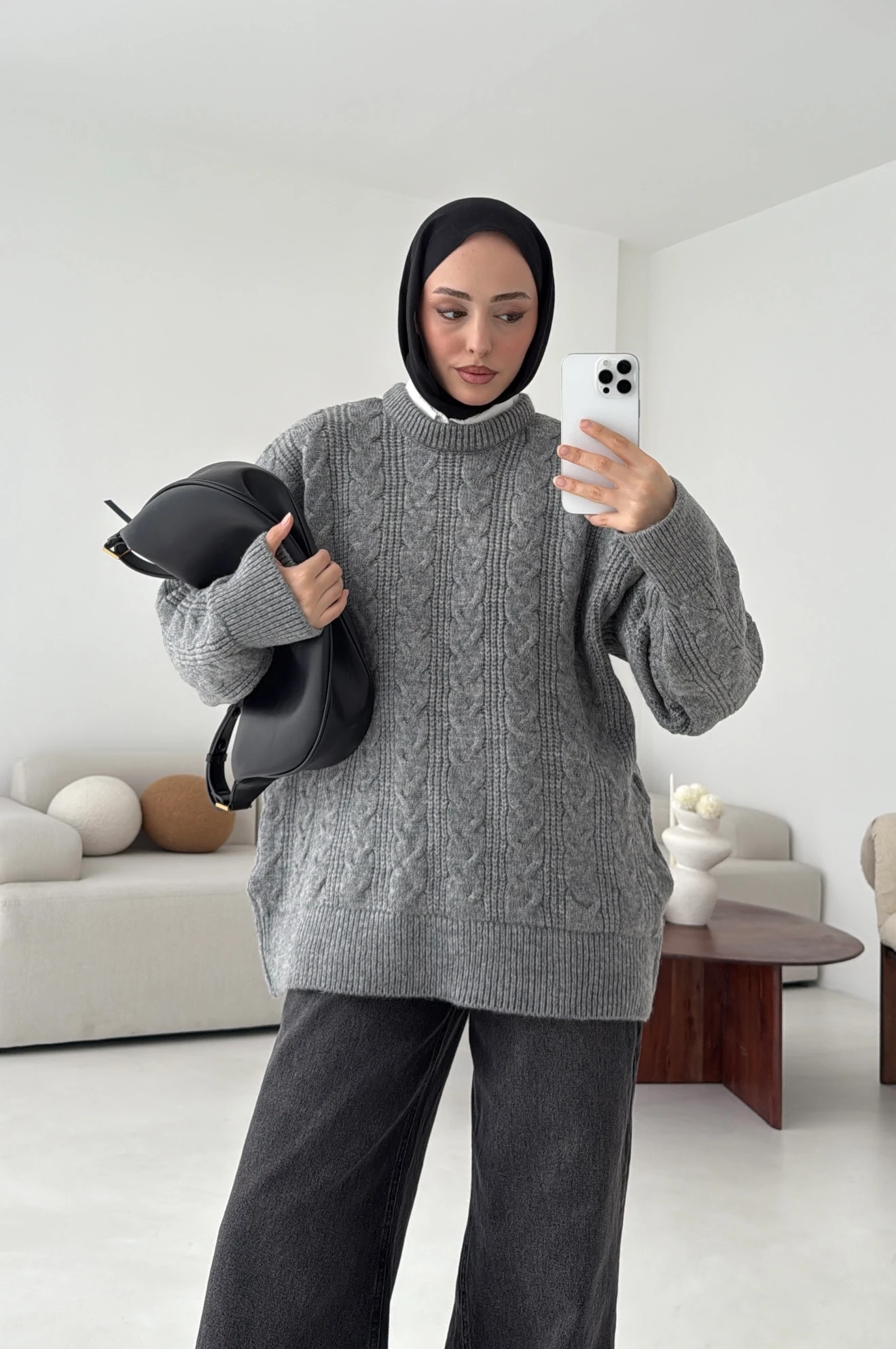 Kalın Saç Örgü Kazak Gri 