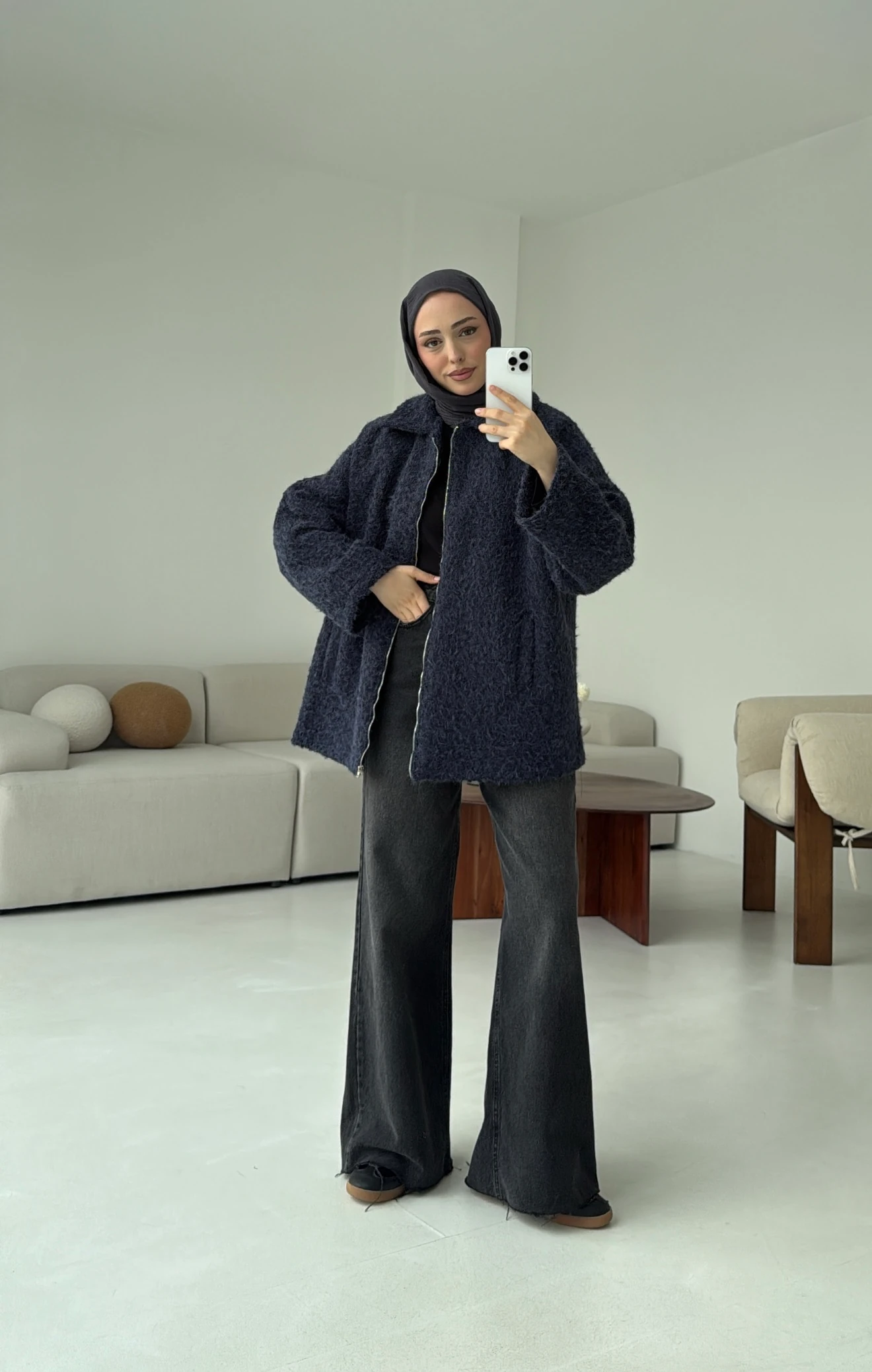 Kırçıllı Fermuarlı Kaban Lacivert