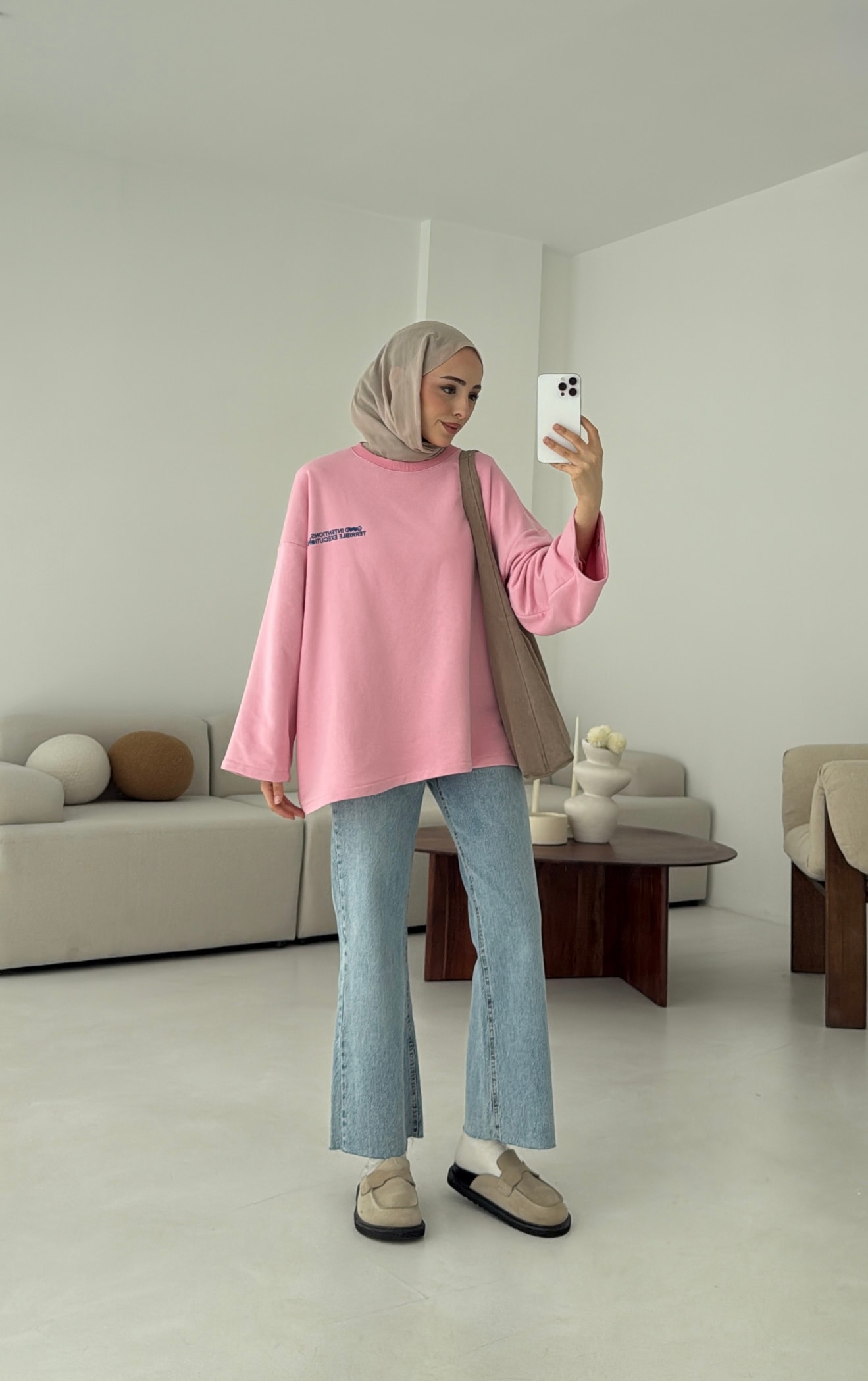 Nakışlı Oversize Sweatshirt Pembe