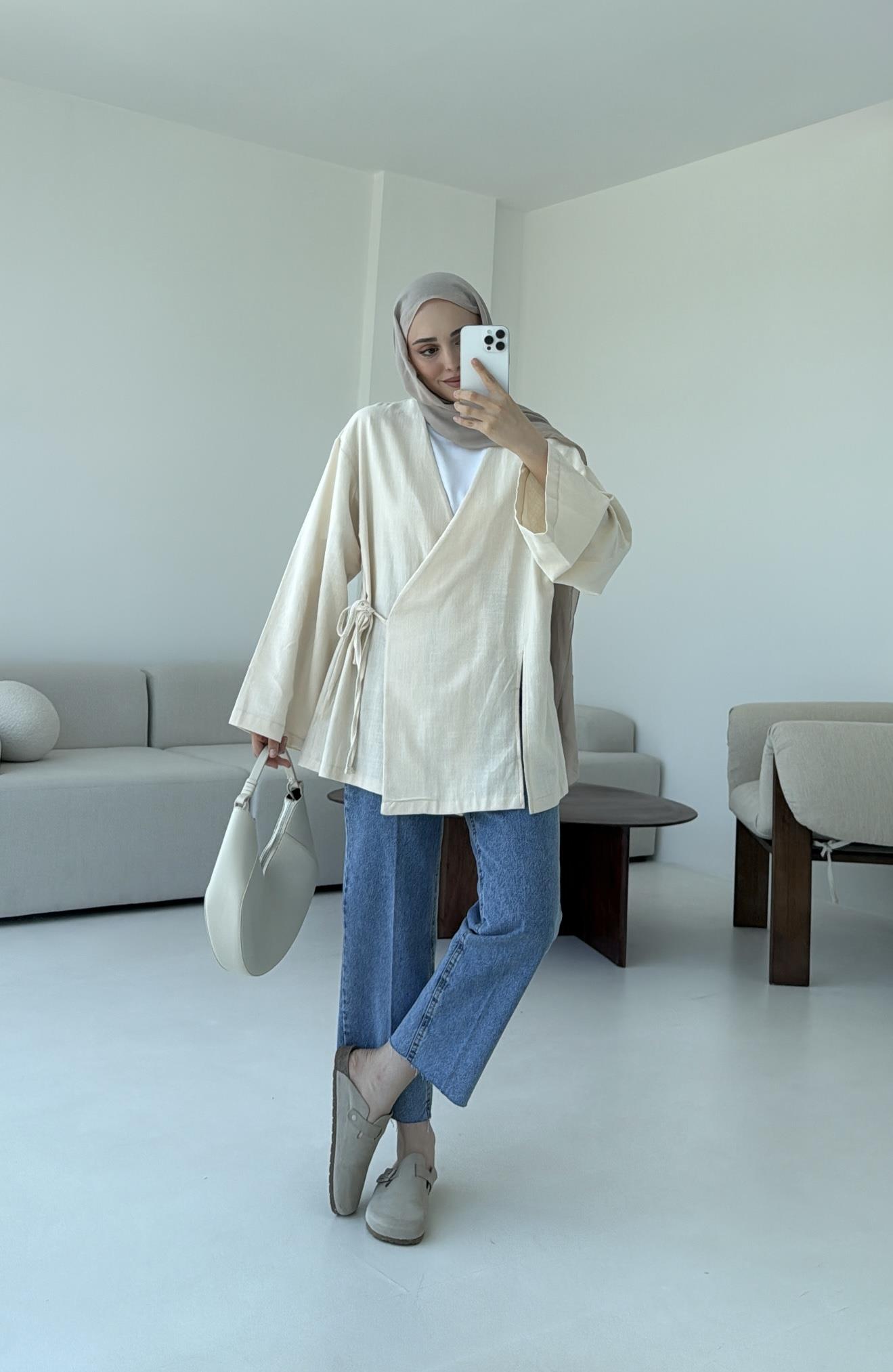 Ekru Yırtmaç Detay Keten Kimono