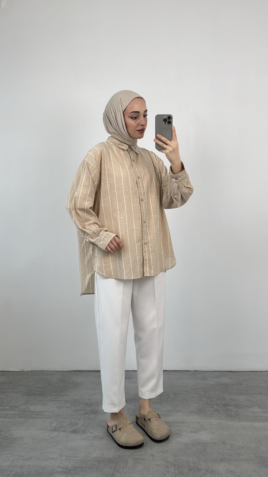 Keten Bej Çizgili Gömlek