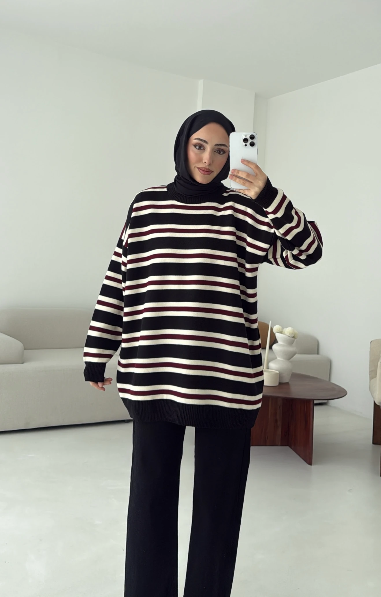 Bisiklet Yaka Çizgili Uzun Triko Kazak Siyah