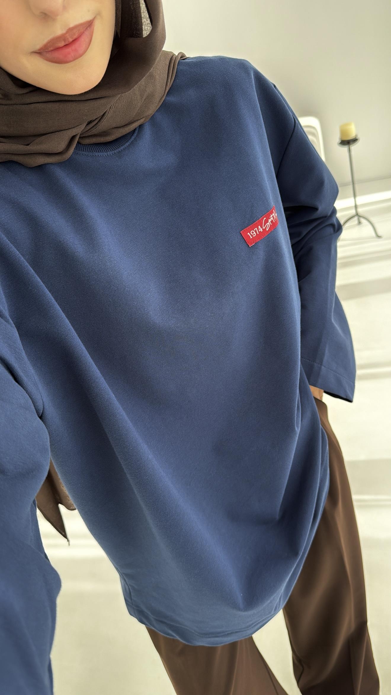 Etiket Baskılı Yazlık Sweatshirt  Lacivert