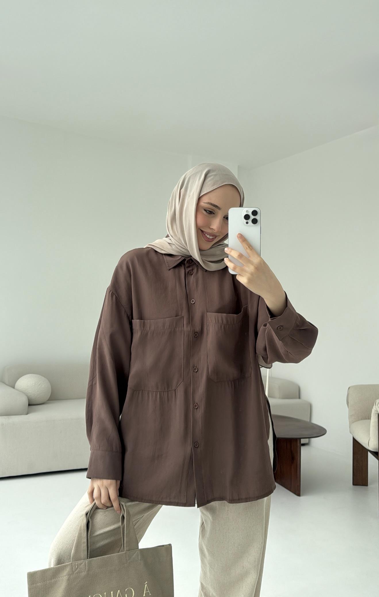 Çift Cep Gömlek Kahve