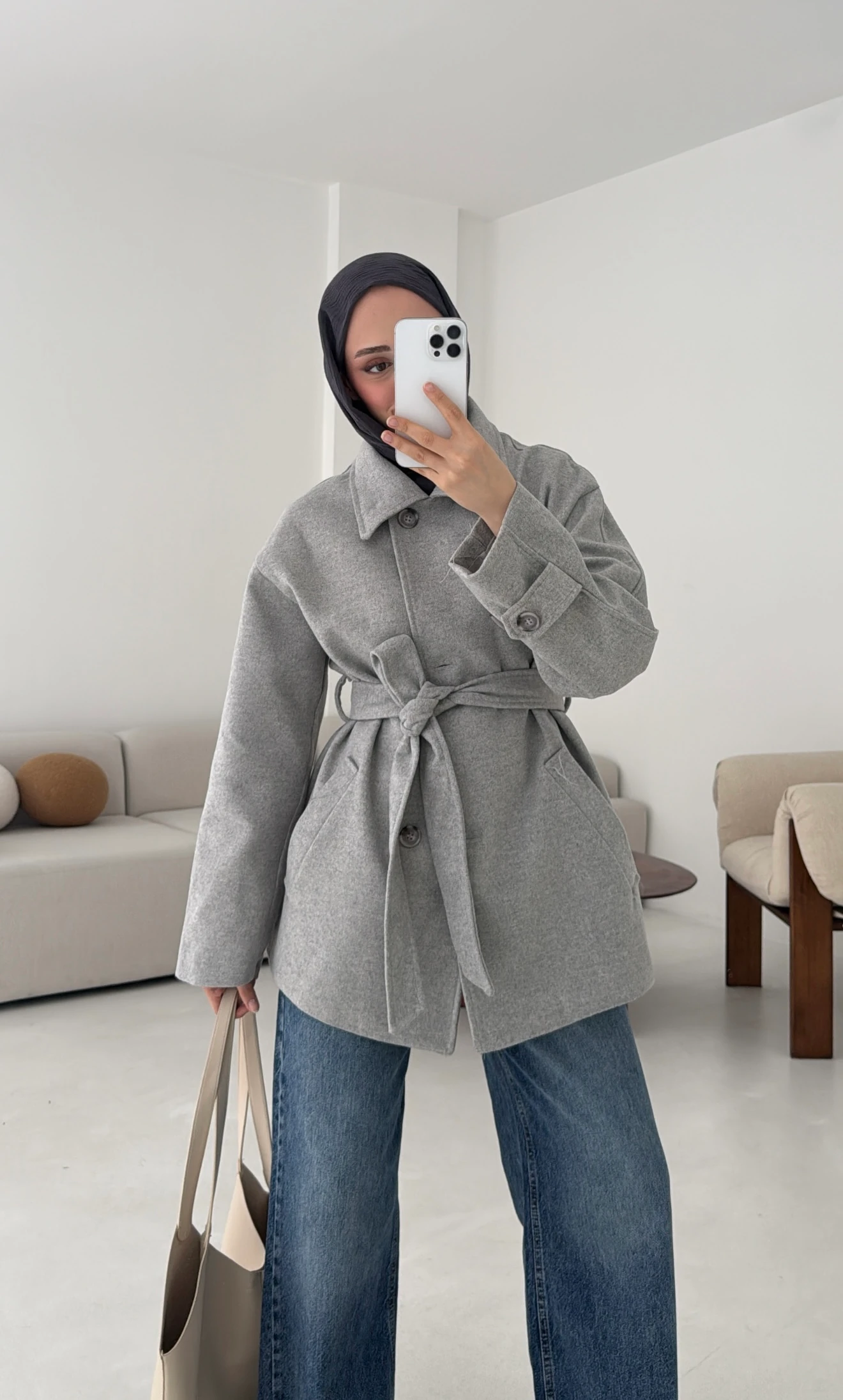 Gri Orta Boy Kaşe Kaban