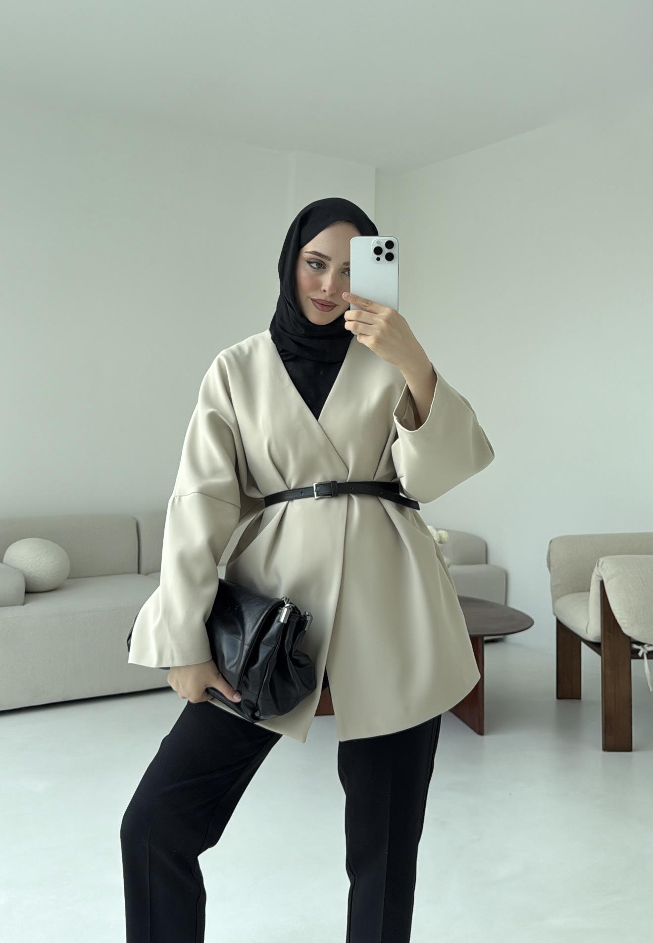 Deri Kemer Detay Oversize Ceket Taş