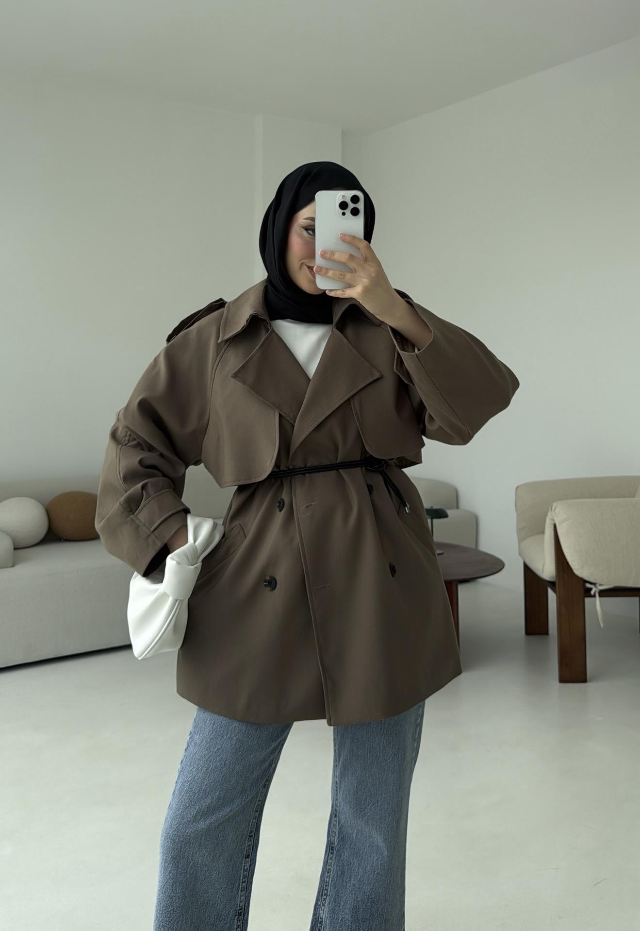 Deri Kemerli Trençkot Vizon