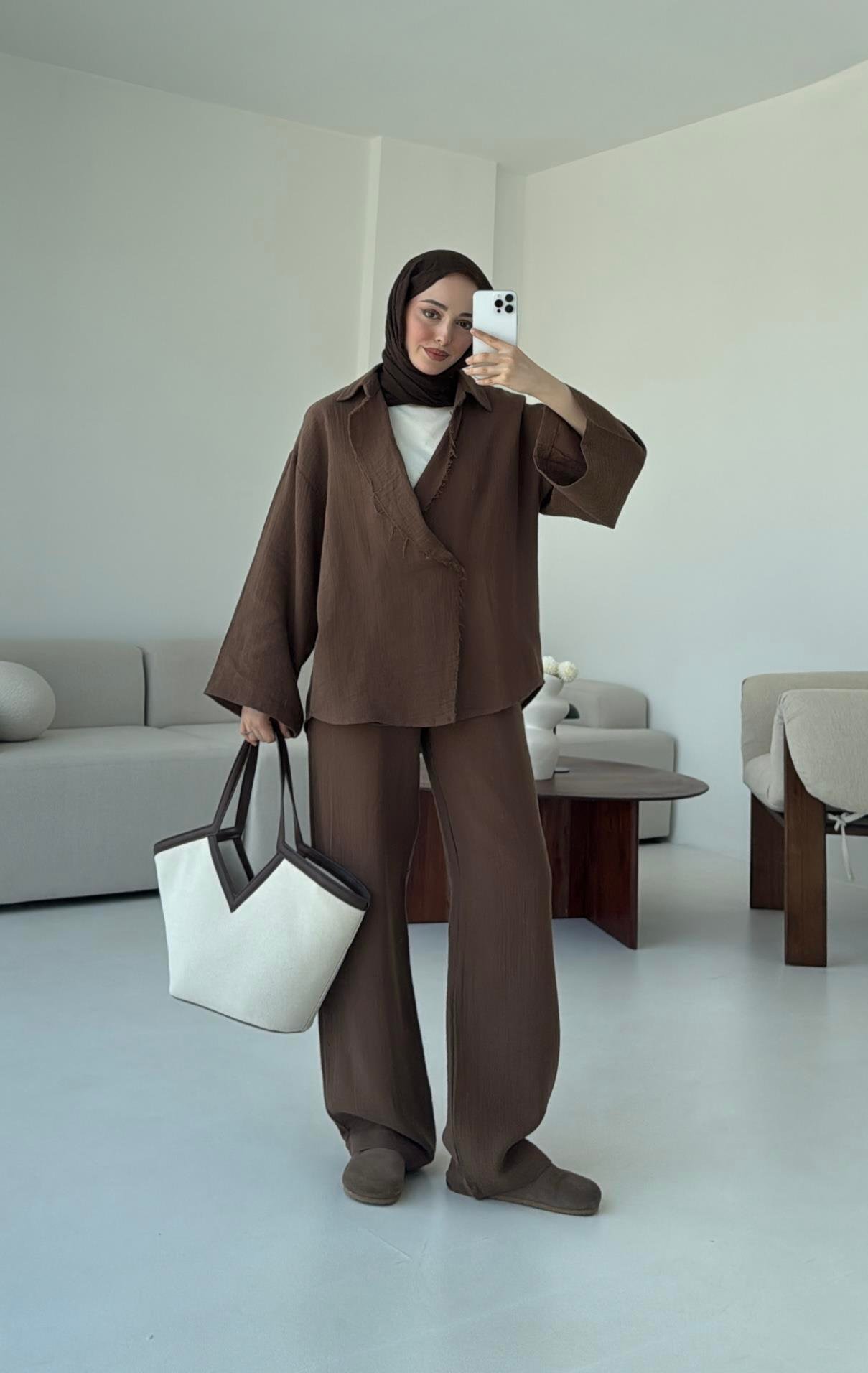 Müslin Düğmeli Kimono Takım Kahve