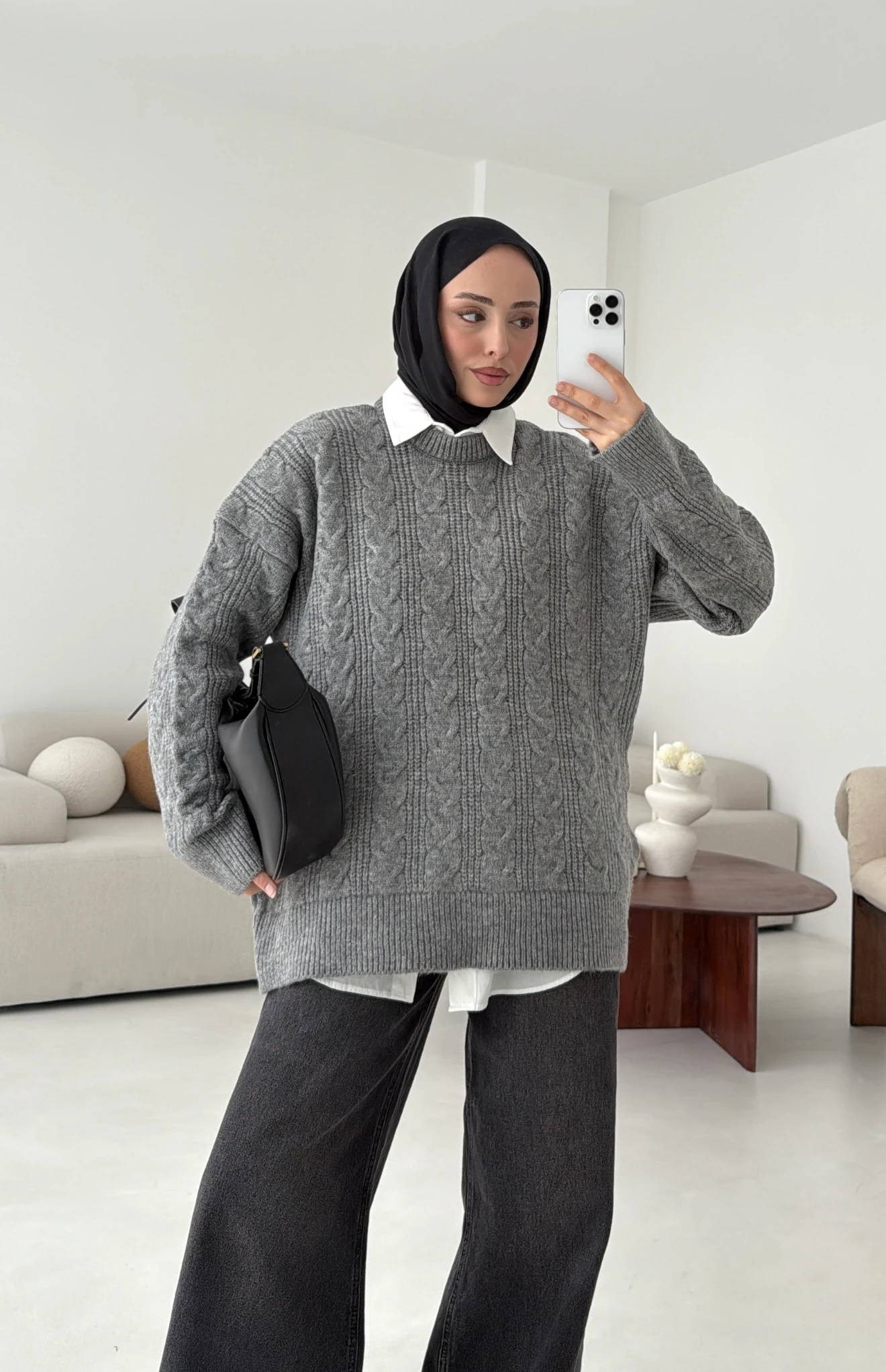 Kalın Saç Örgü Kazak Gri 