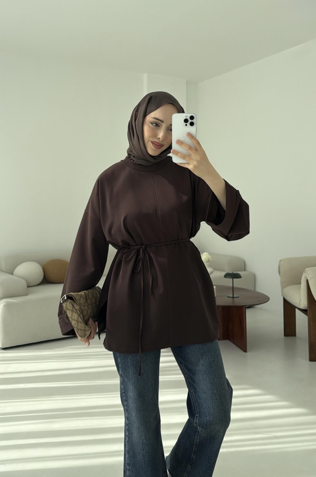Bağlamalı Yanı Yırtmaç Detay Sweat Kahve