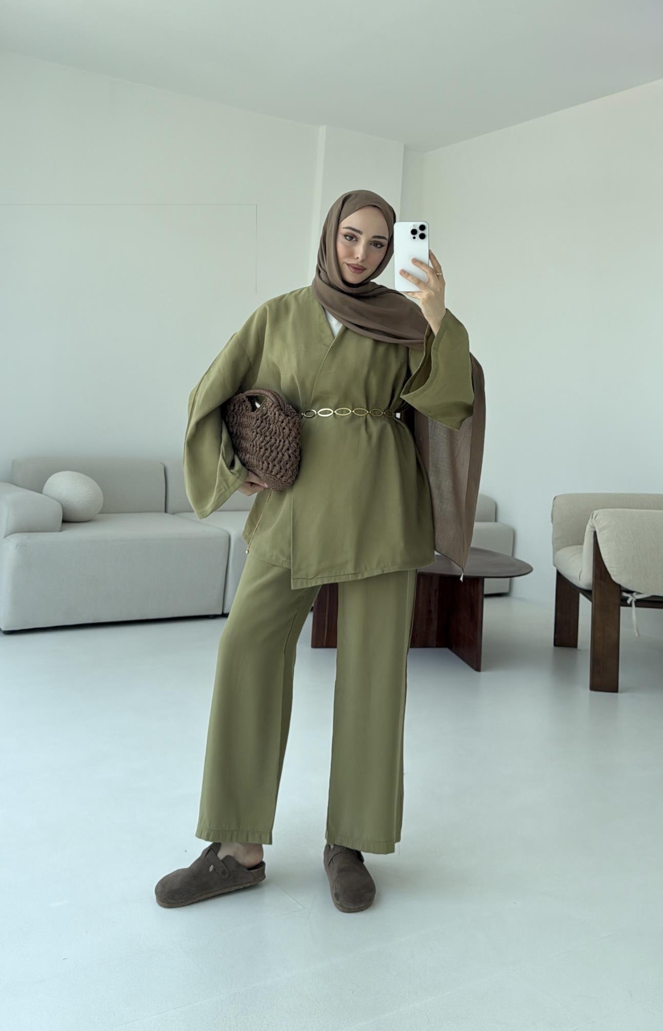 Bluz Biyeli Pantolon Takım Olive
