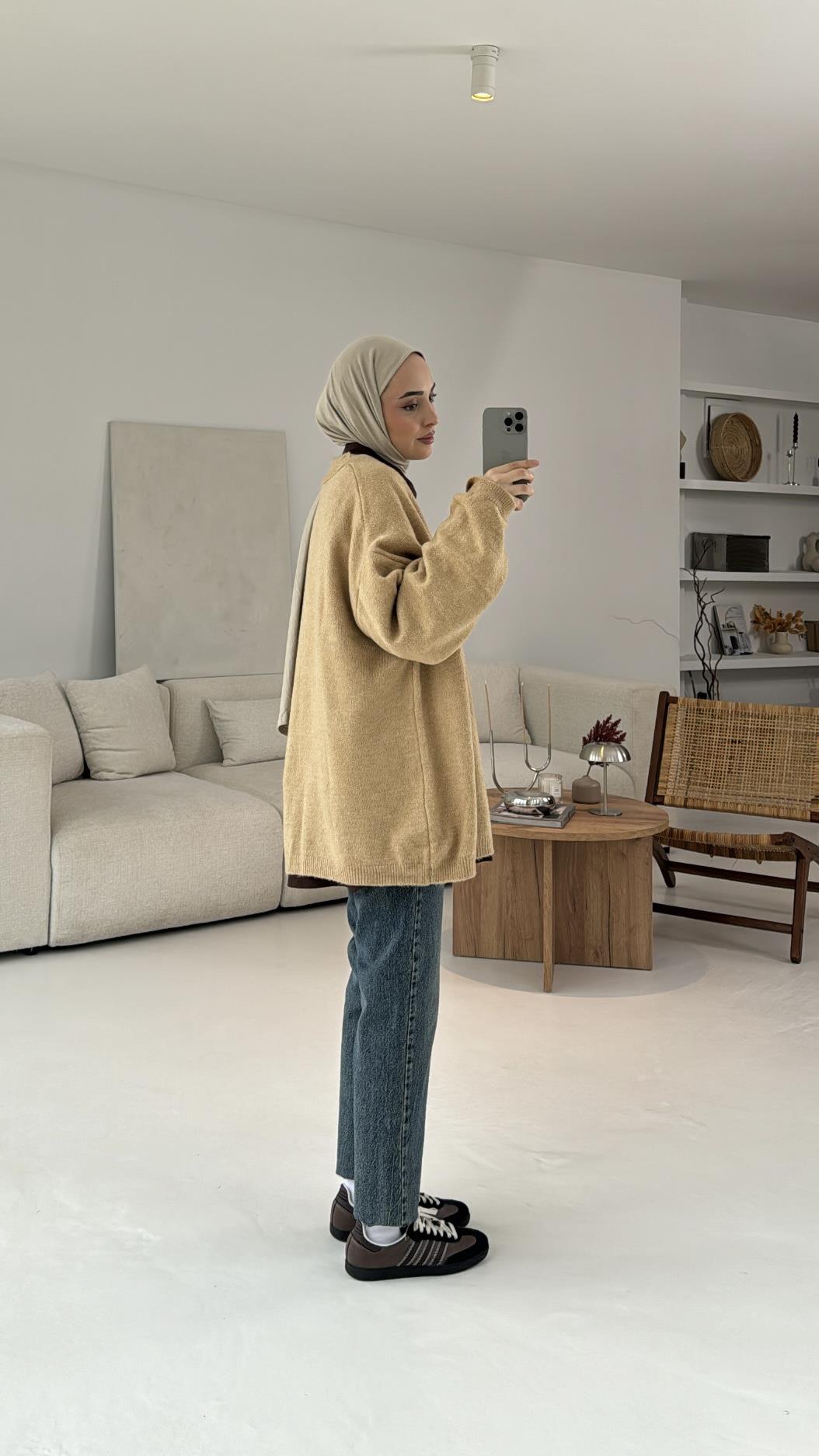 Oversize Yünlü Triko Hırka Vizon