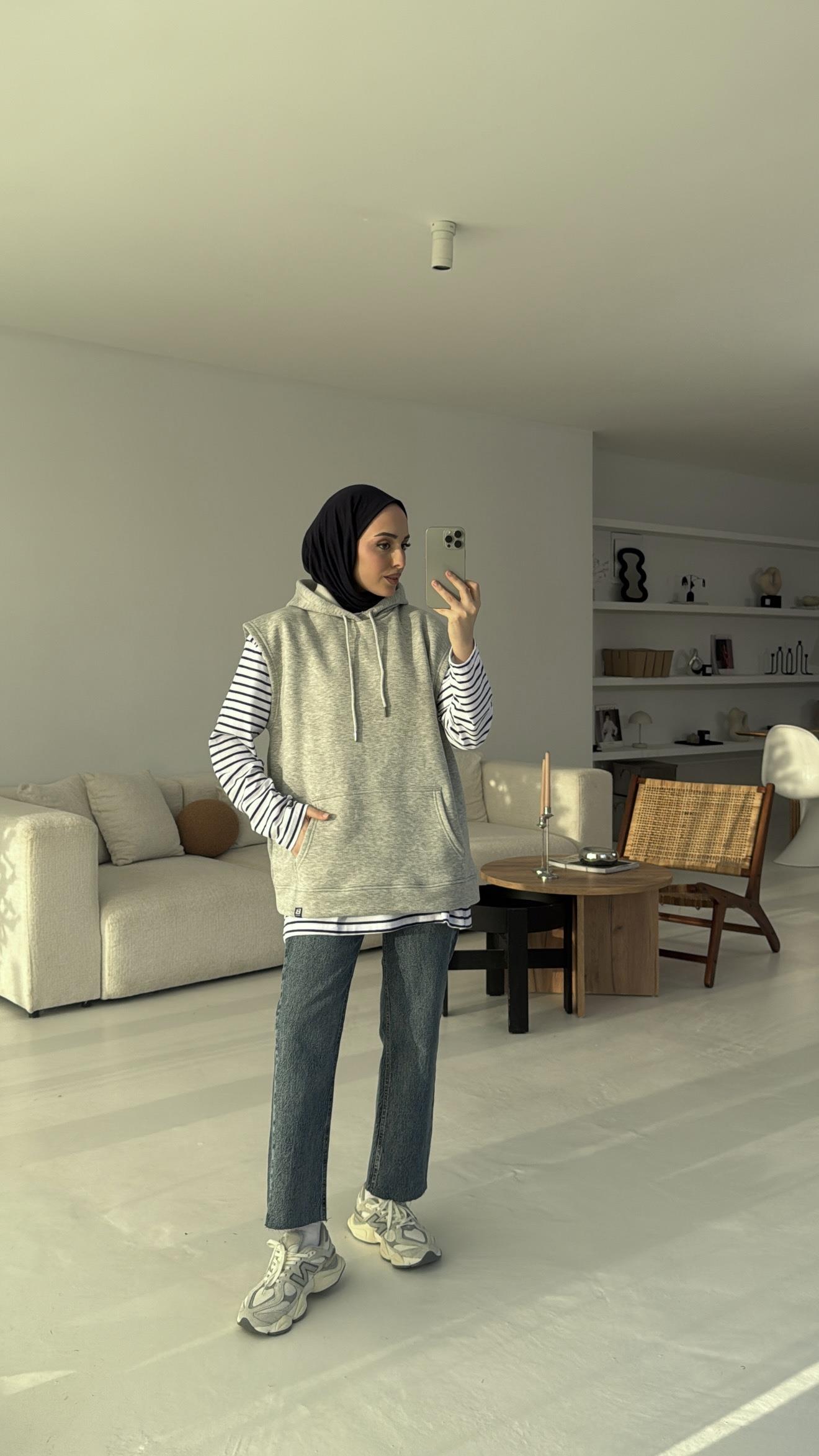 Kapüşonlu Çizgili İki Parçalı Sweat Gri