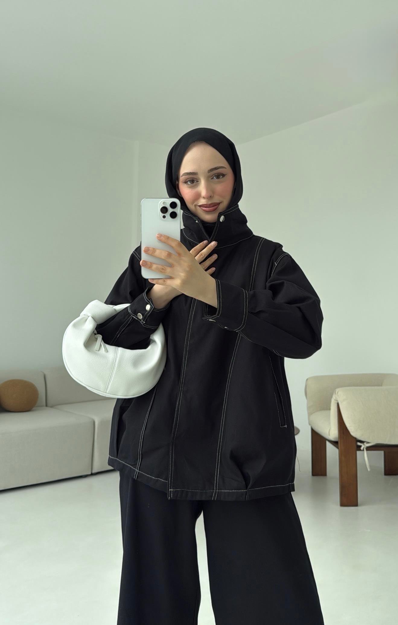 Kontrast Dikişli Gabardin Takım Siyah