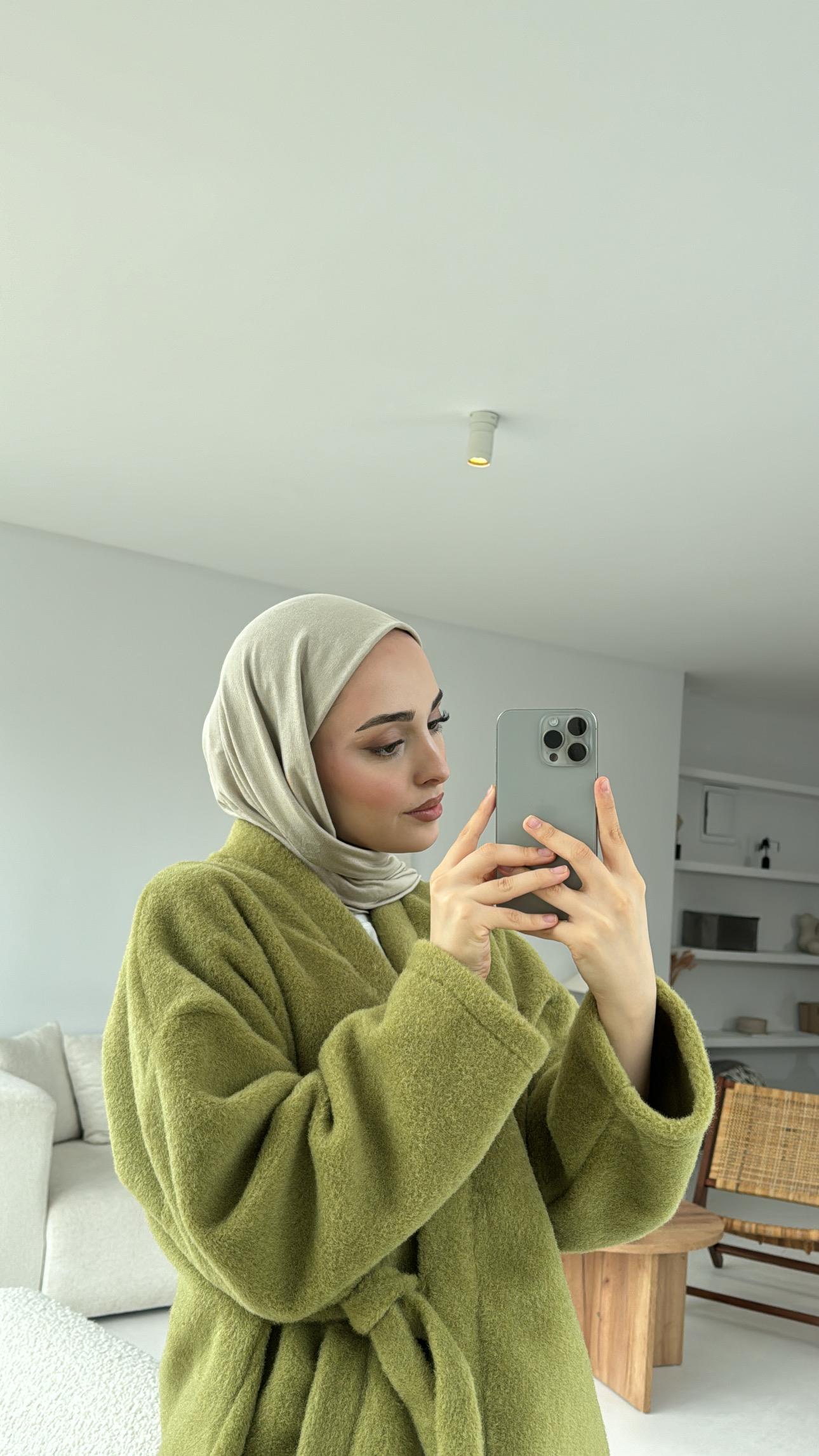 Yandan Bağlamalı Peluş Mont Yeşil