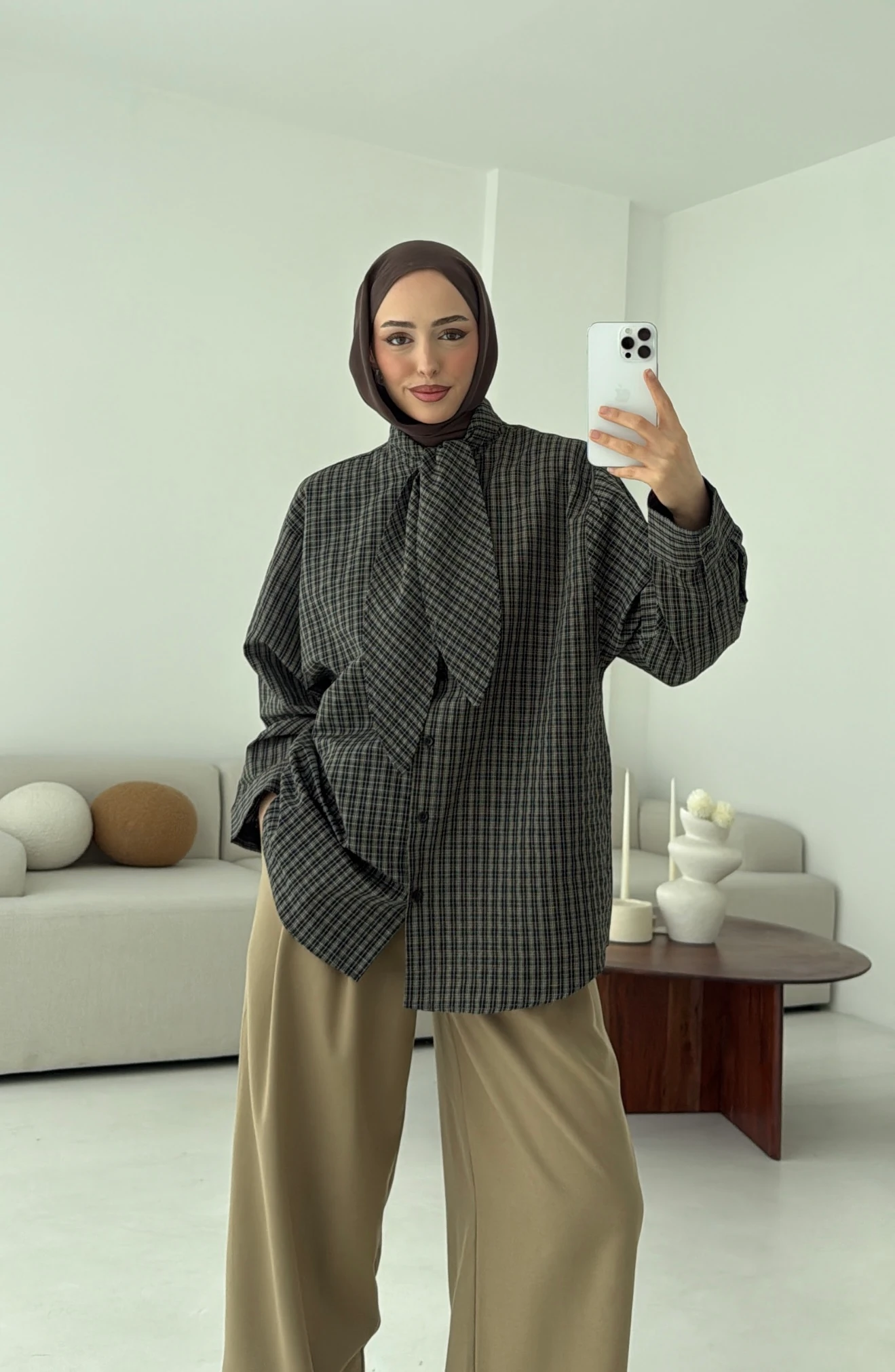 Fular Detay Ekose Gömlek Yeşil