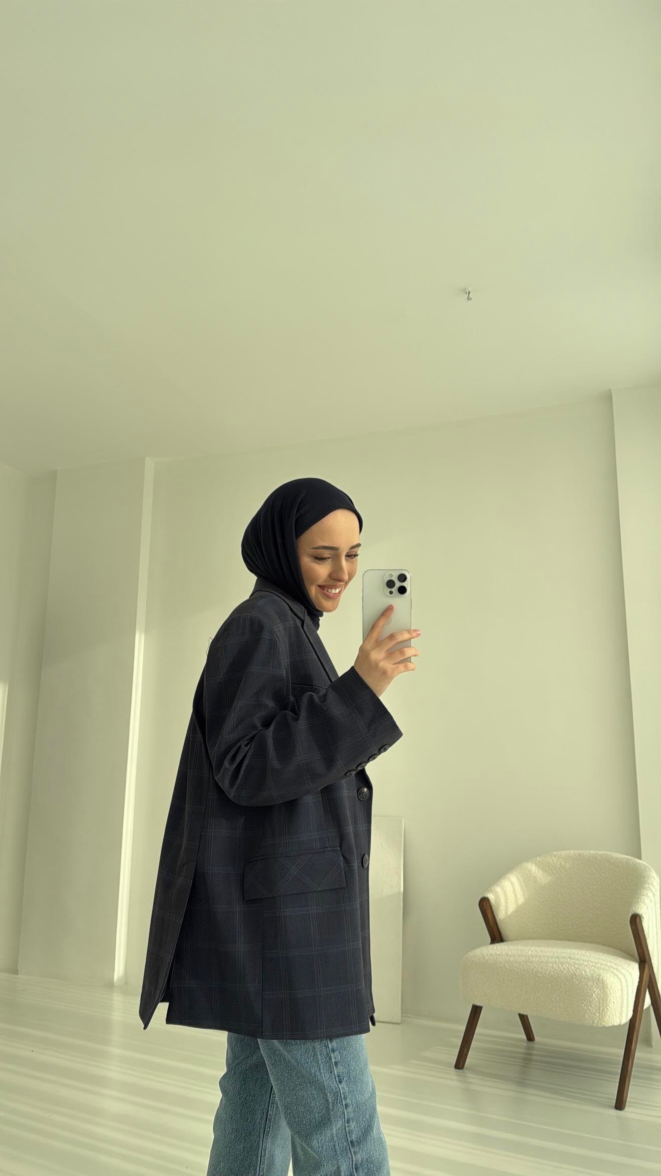Ekose Oversize Blazer Ceket Lacivert