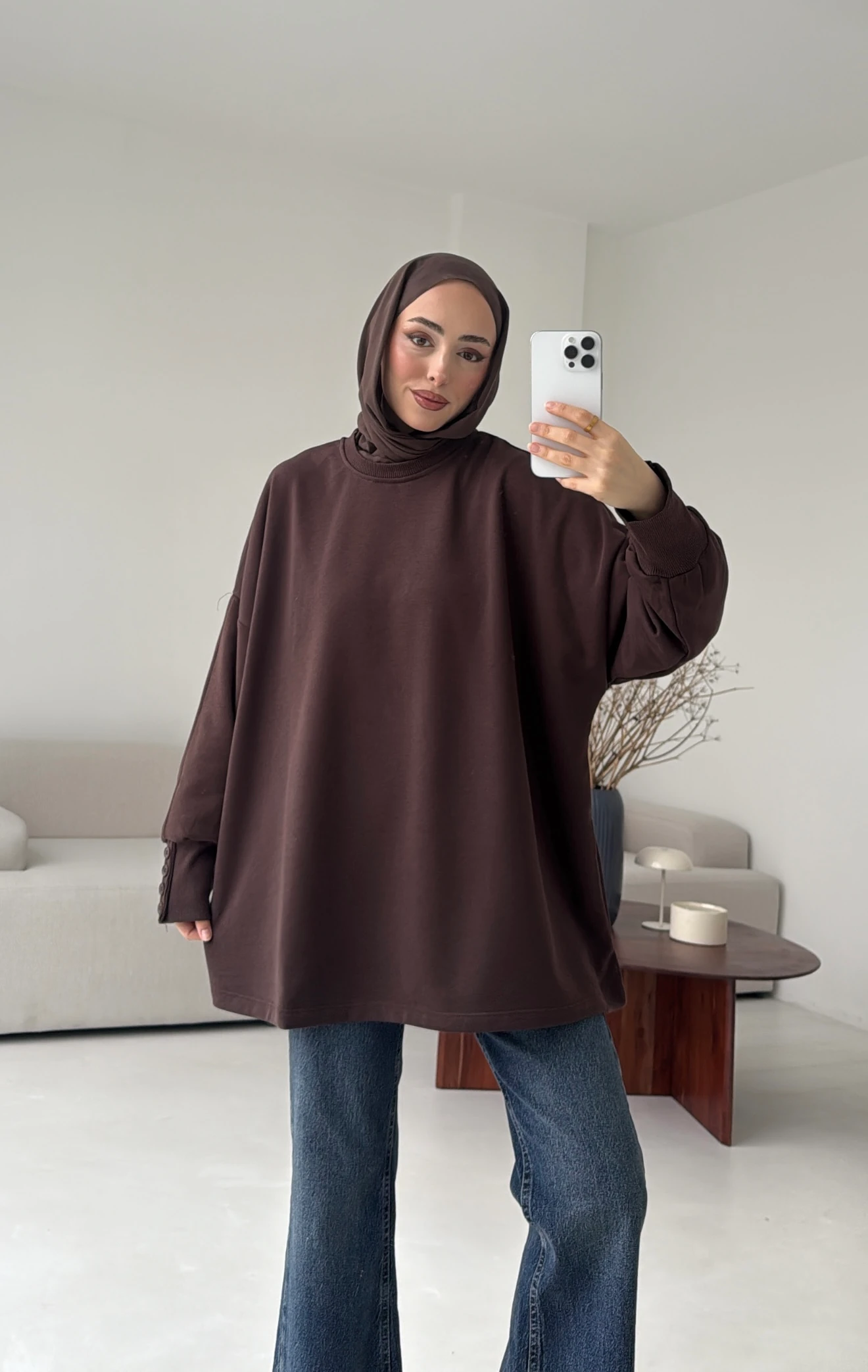 Manşeti Düğme Detay Swearshirt Kahve