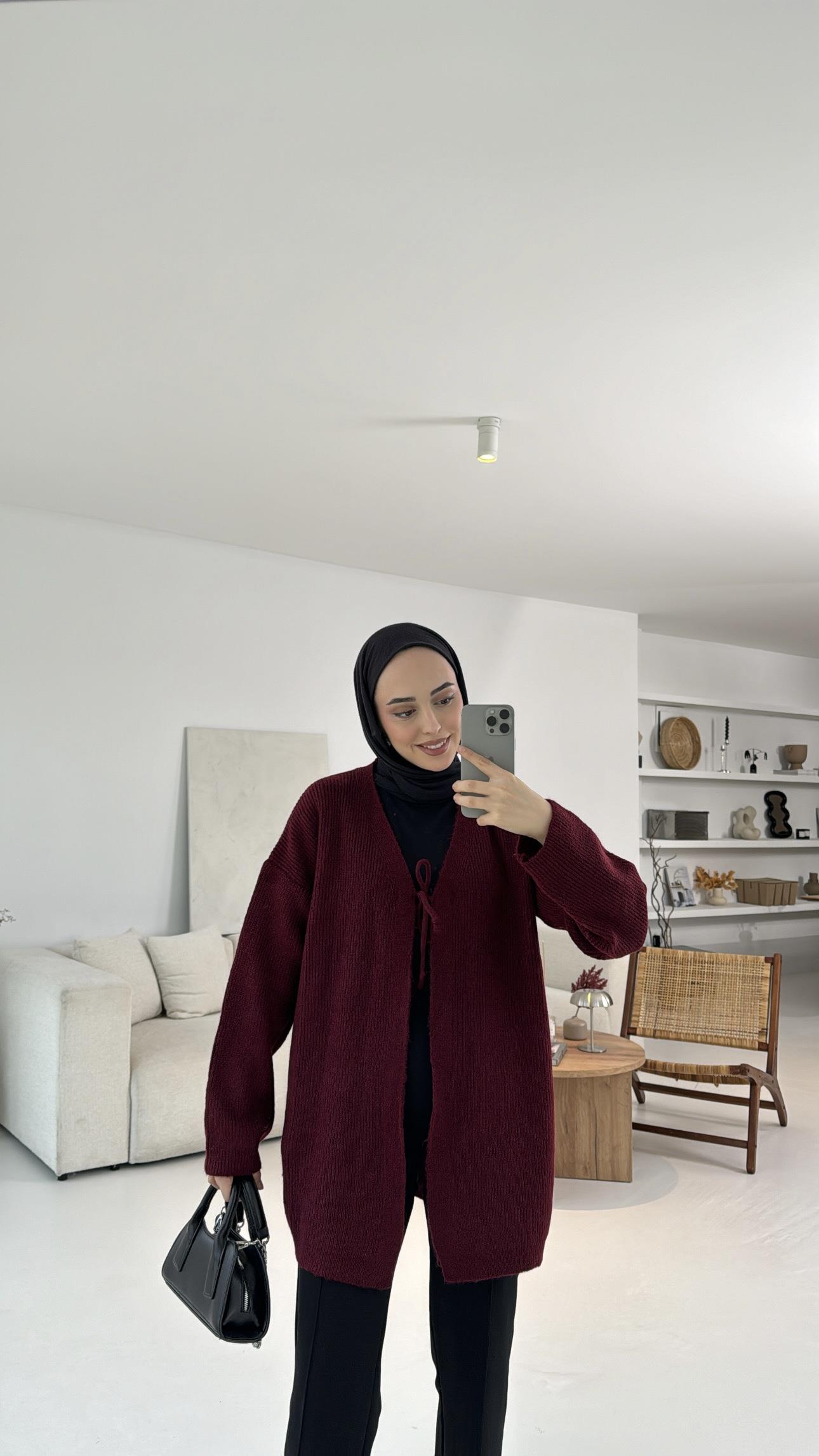 Bağlamalı Triko Hırka Bordo