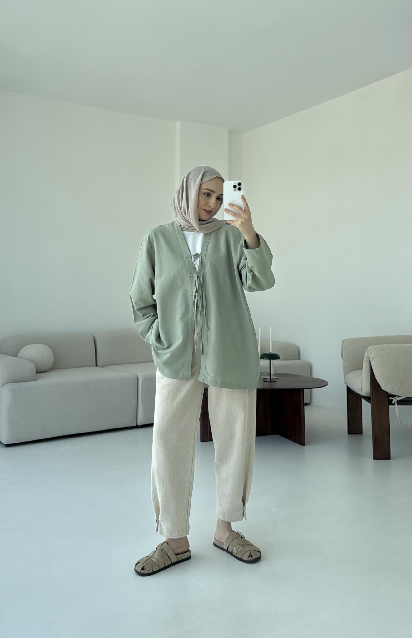 Keten Üç Bağlamalı Kimono Çağla